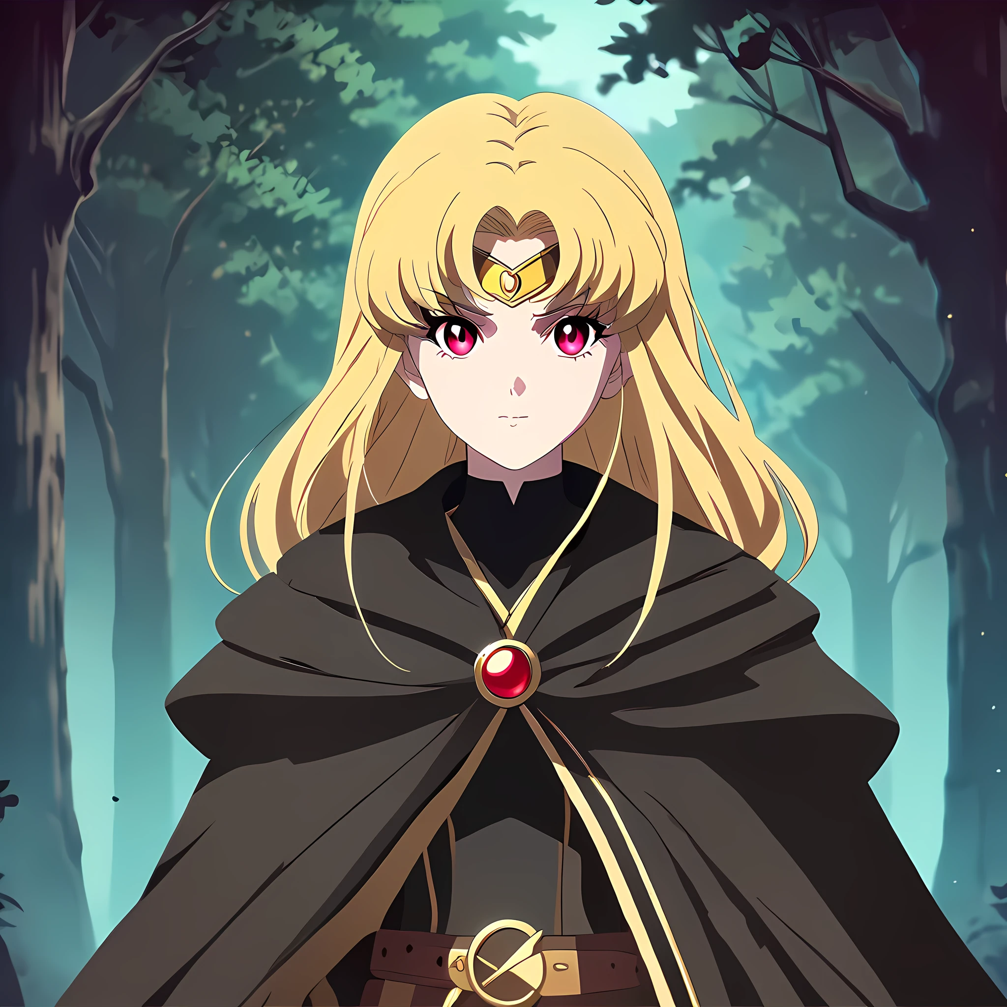 Anime,girl,black Gold outfit, leather belt ,yellow hair,balck cloak,Red eye, Anime Style, Sailor Moon Eternal style, HD,cloak covers hair, forest background