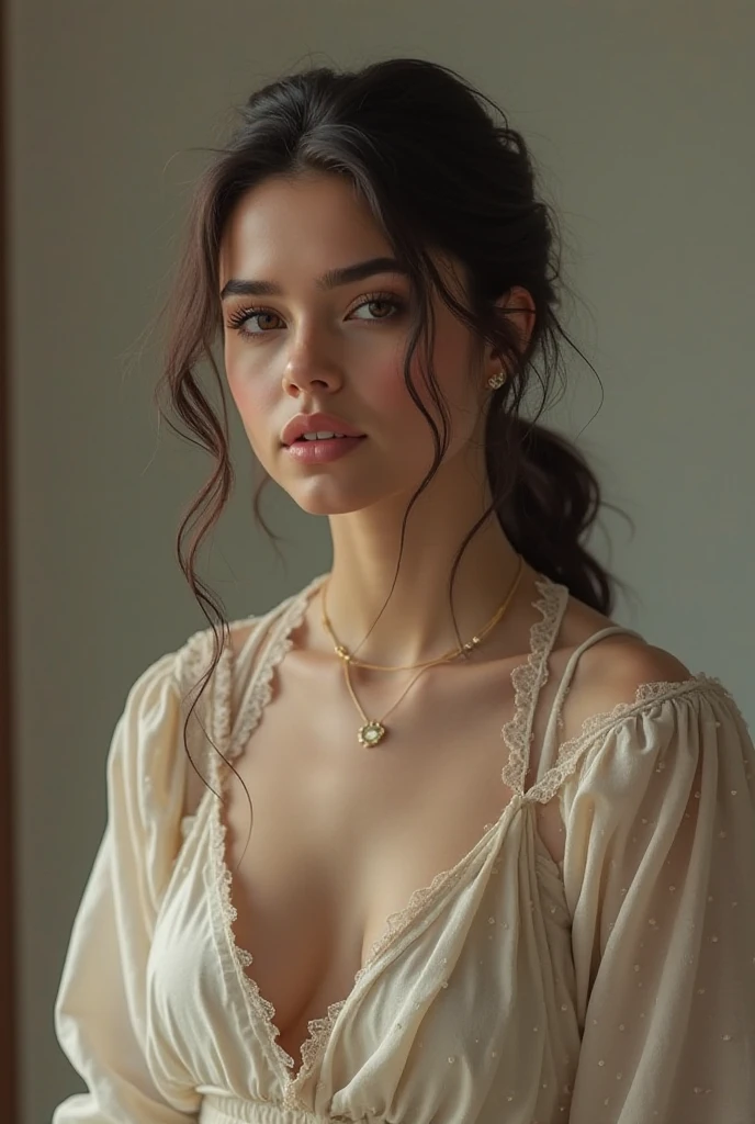 Une fille chauve avec les boucle d’oreille et une chenettre portant un petit jean et un haut blanc
