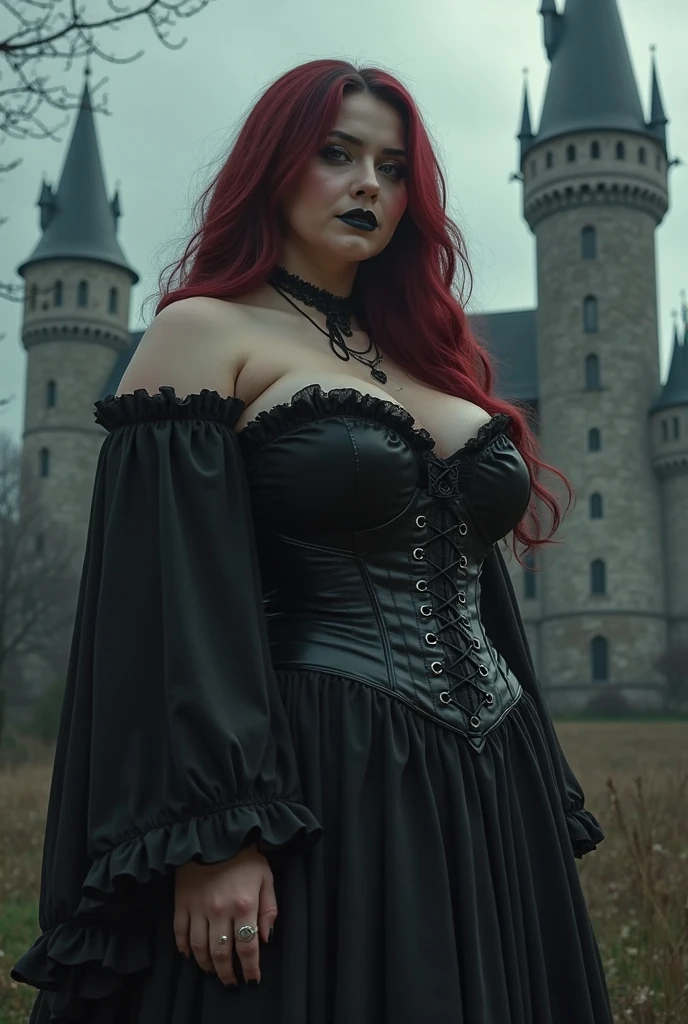 Gothic redhead victorian woman, resting on the shore of an ancient tower, the night while the snow falls 

