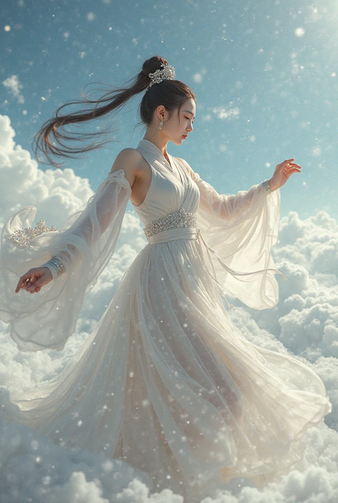 A stunning cinematic painting depicting a stunning delicate,handsome, mysterious spiritual figure in a serene landscape. The figure, dressed in a flowing white robe, is surrounded by soft clouds and a gentle breeze. As a skilled martial artist and a wise Zen master, the character exudes a sense of calm and tranquility. Their eyes, filled with the wisdom of endless waves, reveal a deep understanding of the world. The background features a mesmerizing blend of architecture, with a mix of modern and traditional styles. The overall atmosphere of the piece is a harmonious fusion of fashion, conceptual art, and stunning architecture.