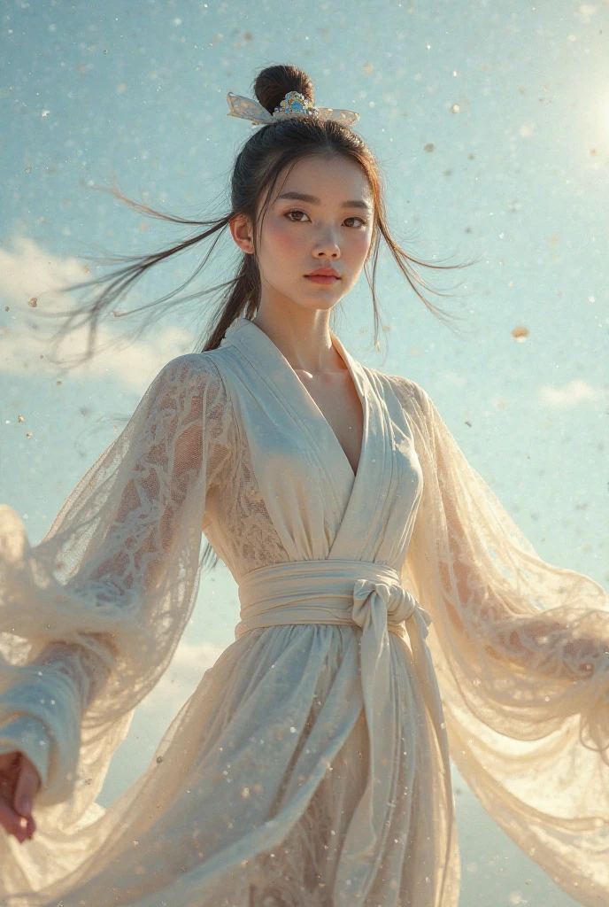 Super high quality, masterpiece, perfect illustration, extreme detail (exquisite light and shadow, highly dramatic picture,) Stroke, 1 girl, solo, ((wearing black and white two-tone Hanfu,)) Flower field 1.4, flowers, (white smoke: 1.3) (realistic:1.4), zen entanglement, tangled, official art, Unity 8k wallpaper, super detailed, beautiful and beautiful, masterpiece, best quality, (dynamic angle: 1.4), glowing skin, (floating colorful flashes: 1) the most beautiful form of chaos, elegant, Fauvist design, bright colors, romantic depth of field, exotic_dance, half_naked