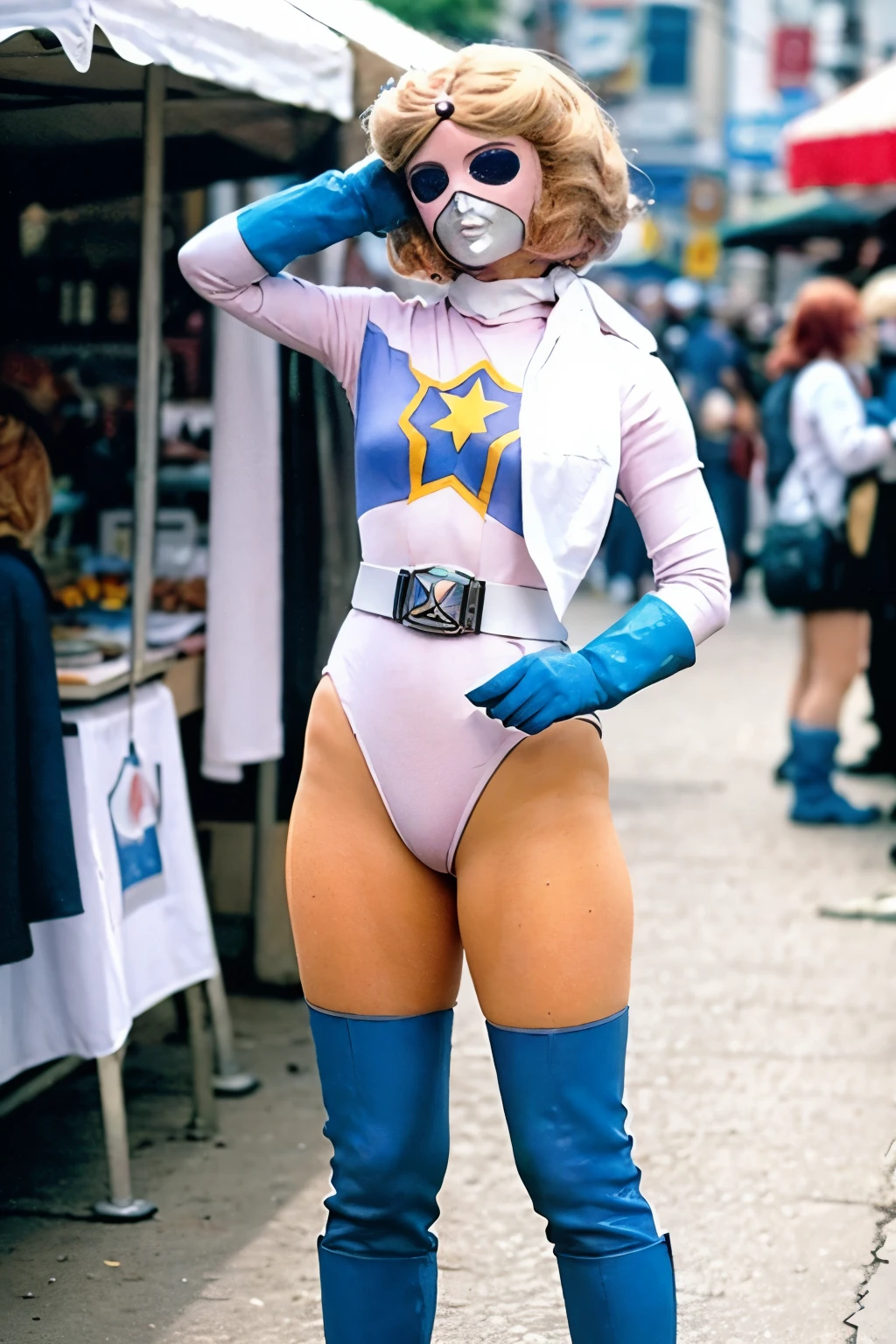 Market, Bustling food stalls, Lively Stalls , vibrant vibe :1.6, one girl:1.5, masterpiece, Highest quality, BEST DETAILS , Optimal ratio, best anatomy, The best face, The best shaped breasts, (realistic:1.37, Genuine), high-definition CG integrated 8K wallpaper , DSLR, Soft Writing, Miss America, Battle Fever , power rangers, blonde, short hair, mask, masked, pink leotard, Blue Gloves, Blue Boots, belt, white scarf , standing,