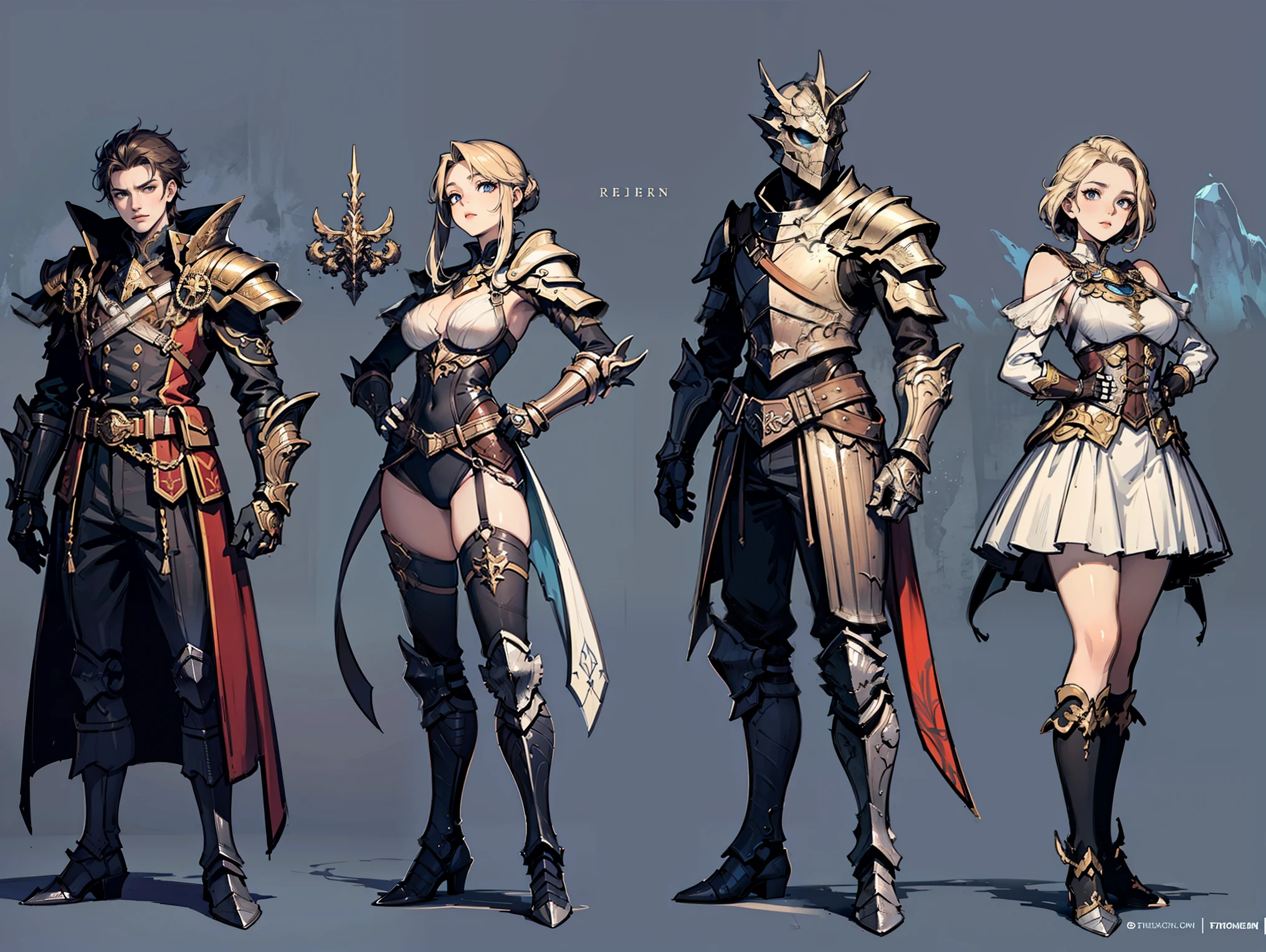 three unique protagonists in an outside rocks environment different calm poses, fantasy themed art and background, gang like pose, character selection like, elegant and intimidating, detailed full metal armor uncommon outfits, all full-body, characters sheet, cute theme,
