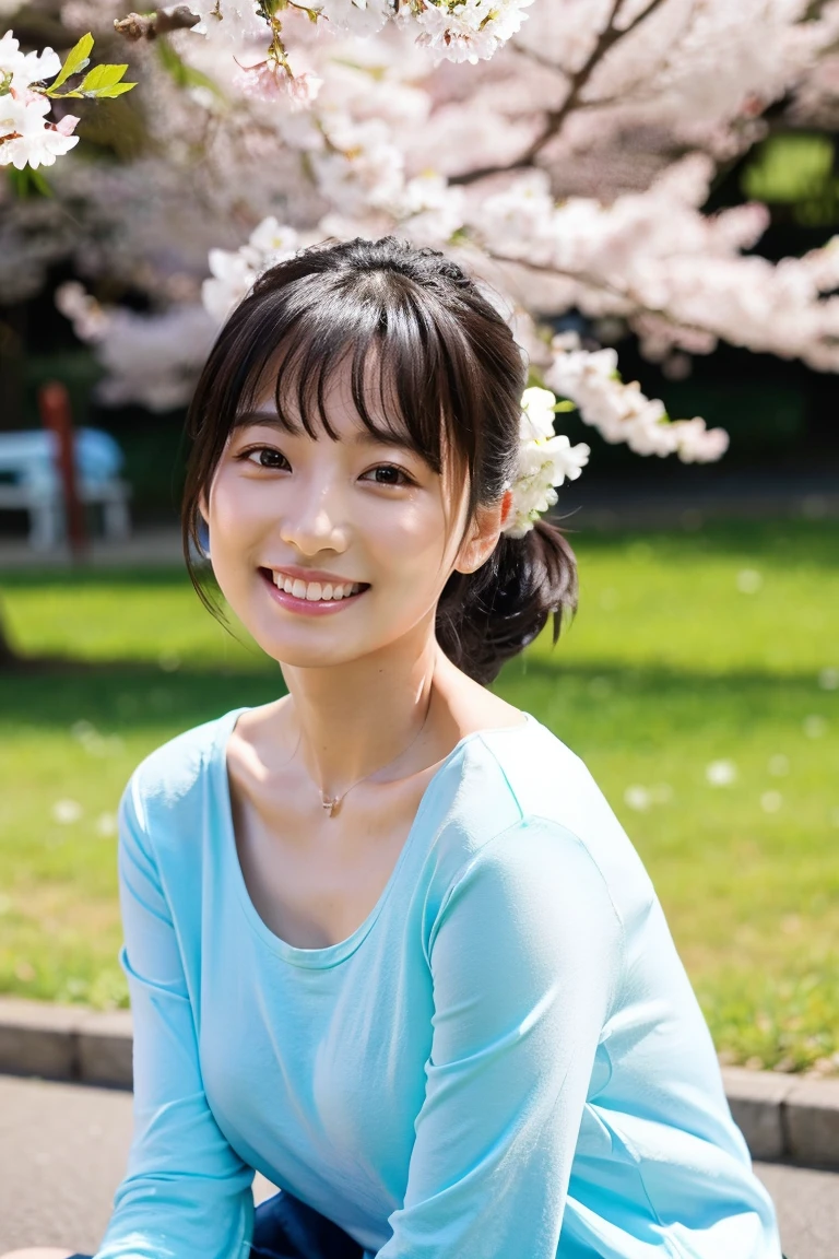 「A 35 year old cute Japanese woman。has dark hair up to her shoulders blowing in the wind、has a bright smile。She has small breasts、She is casually wearing a white T-shirt and a light blue miniskirt。At the spring park、She sits under cherry blossoms in full bloom、is impressive。with green grass spreading around her、The gentle sunlight illuminates her face。」