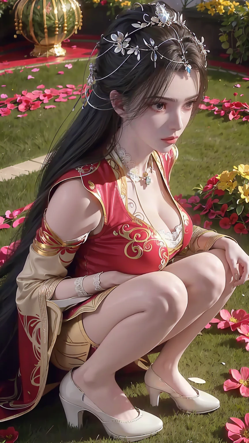 Limuwan,front-side view of a girl with long black hair wearing red tulle and red long skirt,red bra,with a bouquet of roses in his hand,white veil,high_heels,in the bedroom,sitting on the bed,highly detailed,ultra-high resolutions,32K UHD,best quality,masterpiece,solo，