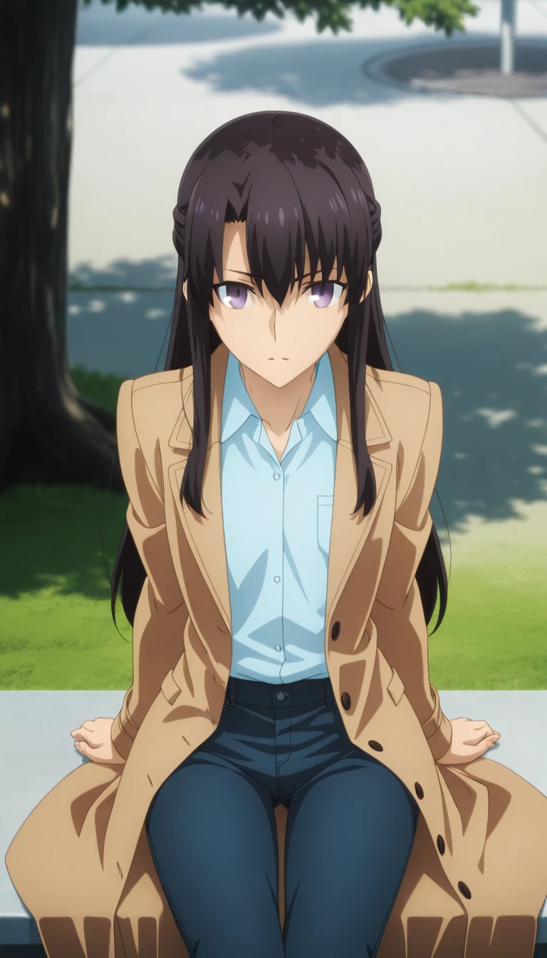 masterpiece, best quality, amazing quality, highres, absurdres, very aesthetic, high resolution, ultra detailed, perfect details, day, tree, bright light, school, outside, ufotable style, from above,
1girl, ufotable style, anime style, (anime coloring:1.5), (anime screencap:1.2) ,(aged up:1.2),
tall girl, Fate Grand Order, fate, Fate Grand Order, long hair, half updo, purple gray eyes, black hair, ((7:3 parted hairstyle)), light blue shirt, collared shirt, long sleeve , wide pants, (detailed denim), camel coat, sitting, very long legs, flat chest,, looking at viewer,
