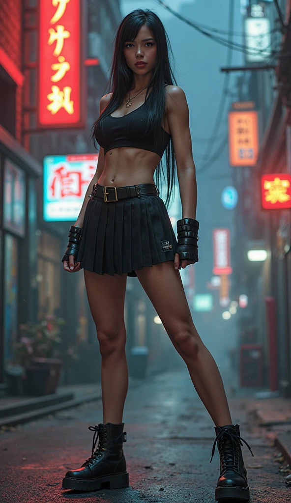 (((At night, ((very dark sunset sky)), (((1girl, solo))), a western woman, photo realistic, large-breast:1.2 slim body, cleavage, off tube top, short pleated miniskirt, standing on rooftop, (((matrix style black sunglasses))), (((aiming towards viewer with a short:0.8 pistol))), half-body thigh level medium:1.2 shot))). In the background, simple aerial view of a sci-fi futuristic city, neon light, (((flying vehicle speeding towards viewer))).