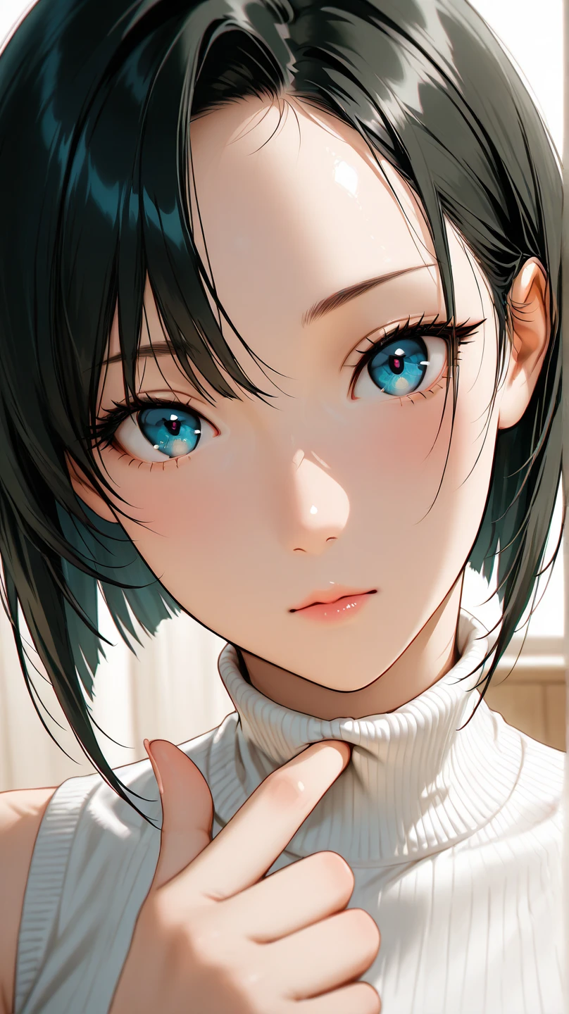 (Masseter muscle part:1.3)、(8k、Photoreal、Raw photo、highest quality: 1.4)、(1 girl)、beautiful face、(lifelike face)、(black haired、layered bob:1.5)、beautiful bangs hairstyle、realistic eyes、beautiful details、(real looking skin)、beautiful skin、(sweater)、absurd、attractive、超A high resolution、surreal、high detail、golden ratio