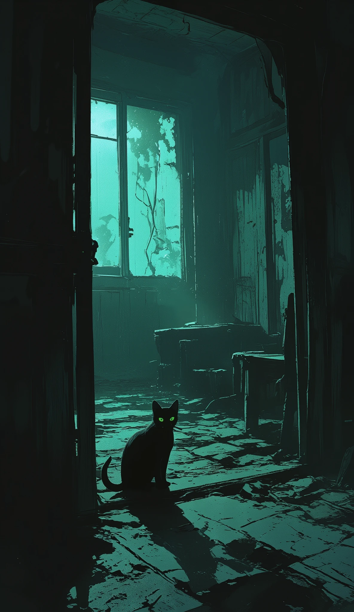 "A black cat with glowing green eyes stands in the doorway of an old, abandoned house. The wooden door is slightly open, creaking on rusted hinges. The room inside is covered in dust, with broken furniture and cobwebs in the corners. Faint moonlight streams through cracked windows, casting eerie shadows across the rotting wooden floor. A thick fog lingers outside, adding to the sense of isolation."