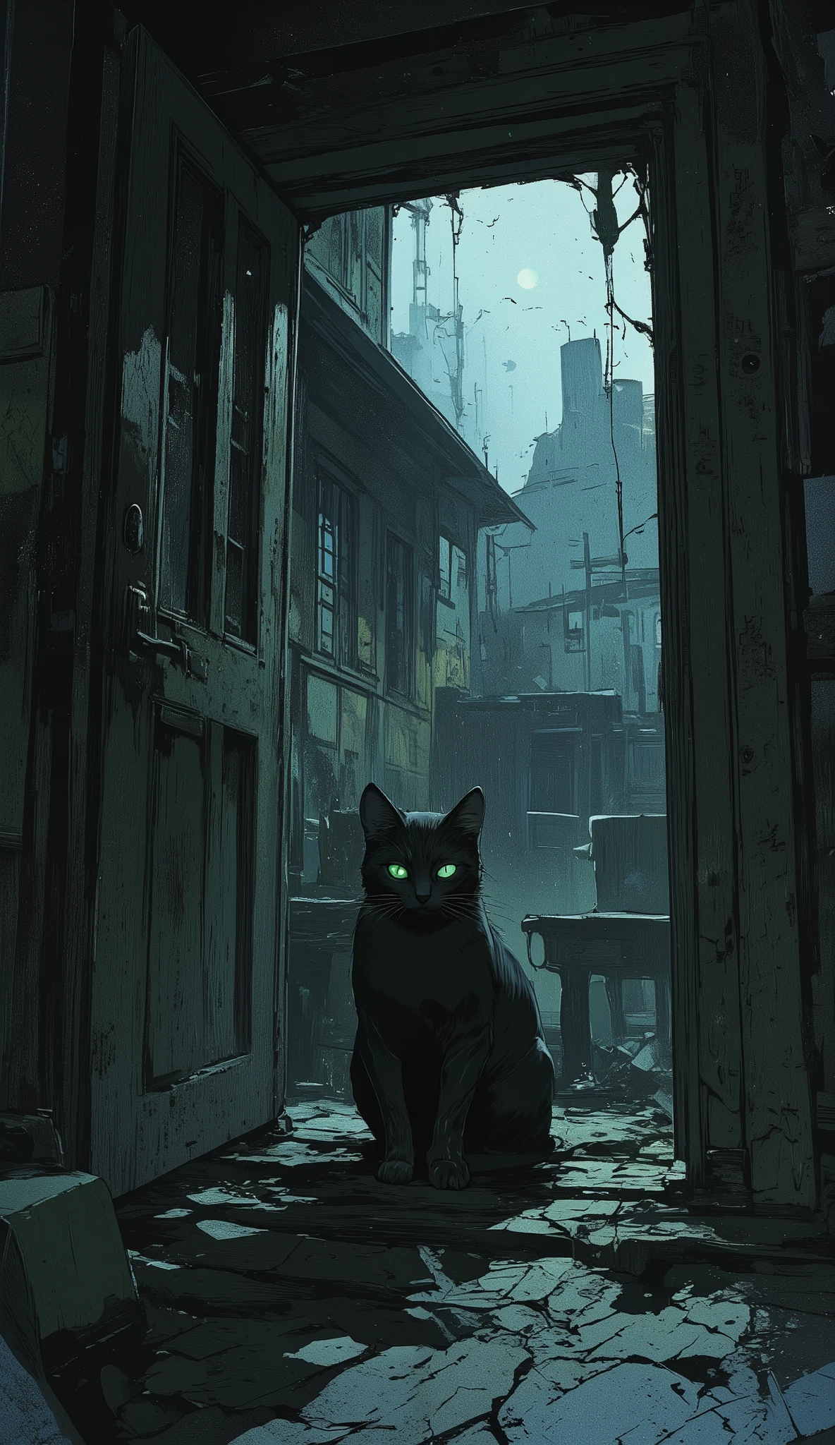 "A black cat with glowing green eyes stands in the doorway of an old, abandoned house. The wooden door is slightly open, creaking on rusted hinges. The room inside is covered in dust, with broken furniture and cobwebs in the corners. Faint moonlight streams through cracked windows, casting eerie shadows across the rotting wooden floor. A thick fog lingers outside, adding to the sense of isolation."