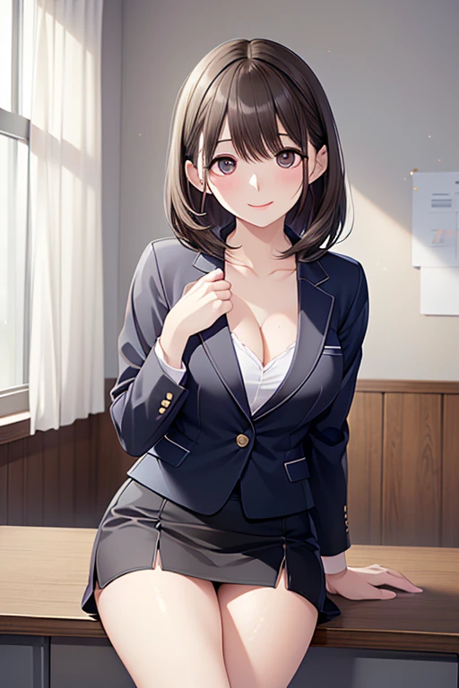 (Highest quality, 8K, 32k, masterpiece, Ultra-high resolution: 1.2), 1 Girl, Beautiful Japanese Woman, thinウエスト, Gray suit, Open jacket, 魅力的なoffice Lady, suit, Tight Skirt, office, office, machine, Beautiful Face, Brown Hair, Bob Hair, Saggy eyes, Slender figure,Cleavage, thin, whole body, Detailed expression down to the fingertips,Sexy thighs, One Woman, alone, A charming smile,Angle from below,Low - Angle