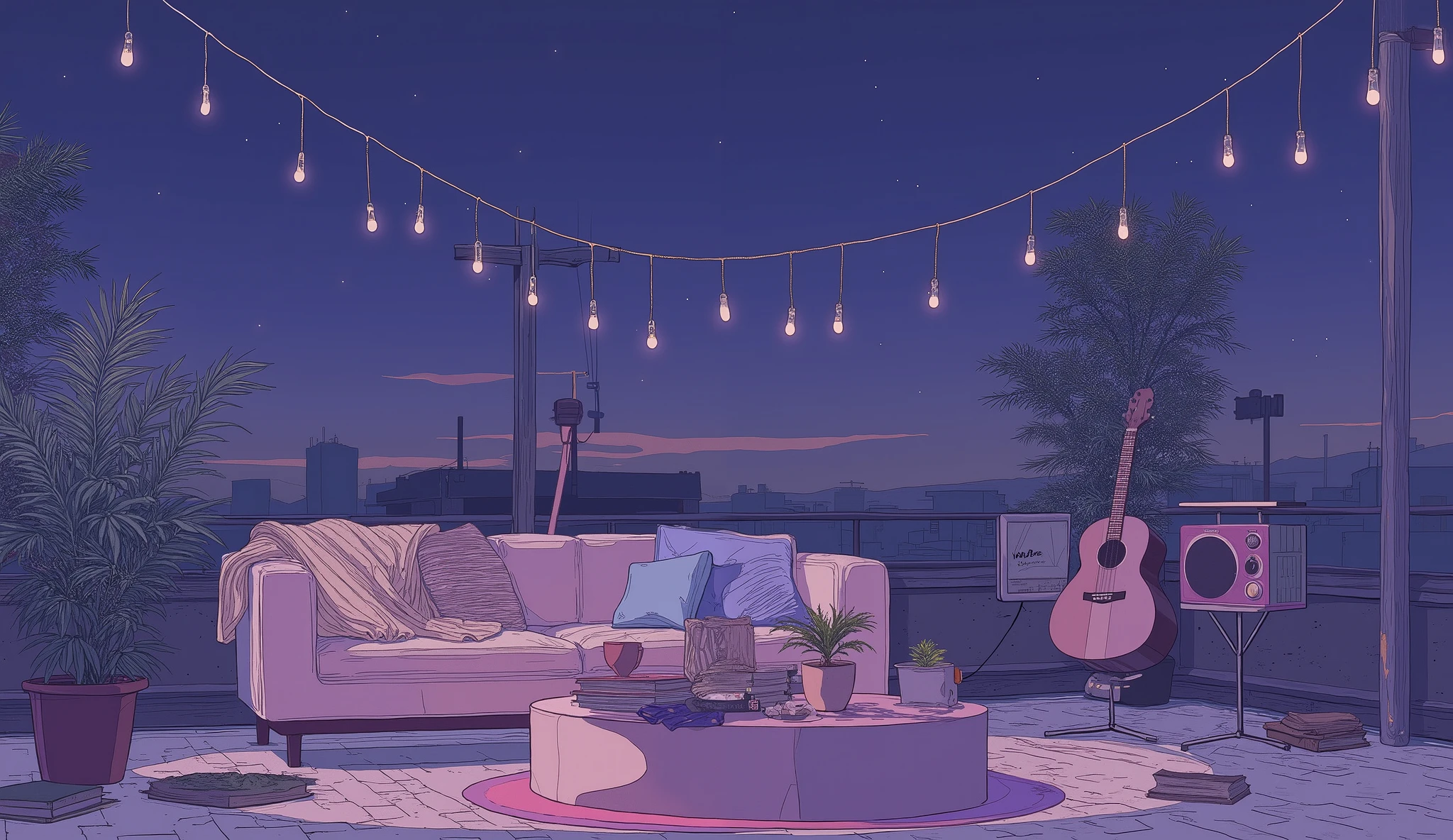 Rooftop at night、nighttime scene、outside of house、with no people、Calm and meditative atmosphere、houseplant、Lo-fi atmosphere、String Light、Cozy sofa、Pink radio with retro design、Hot coffee on the coffee table、Warm blanket、Scattered books、There is an acoustic guitar、