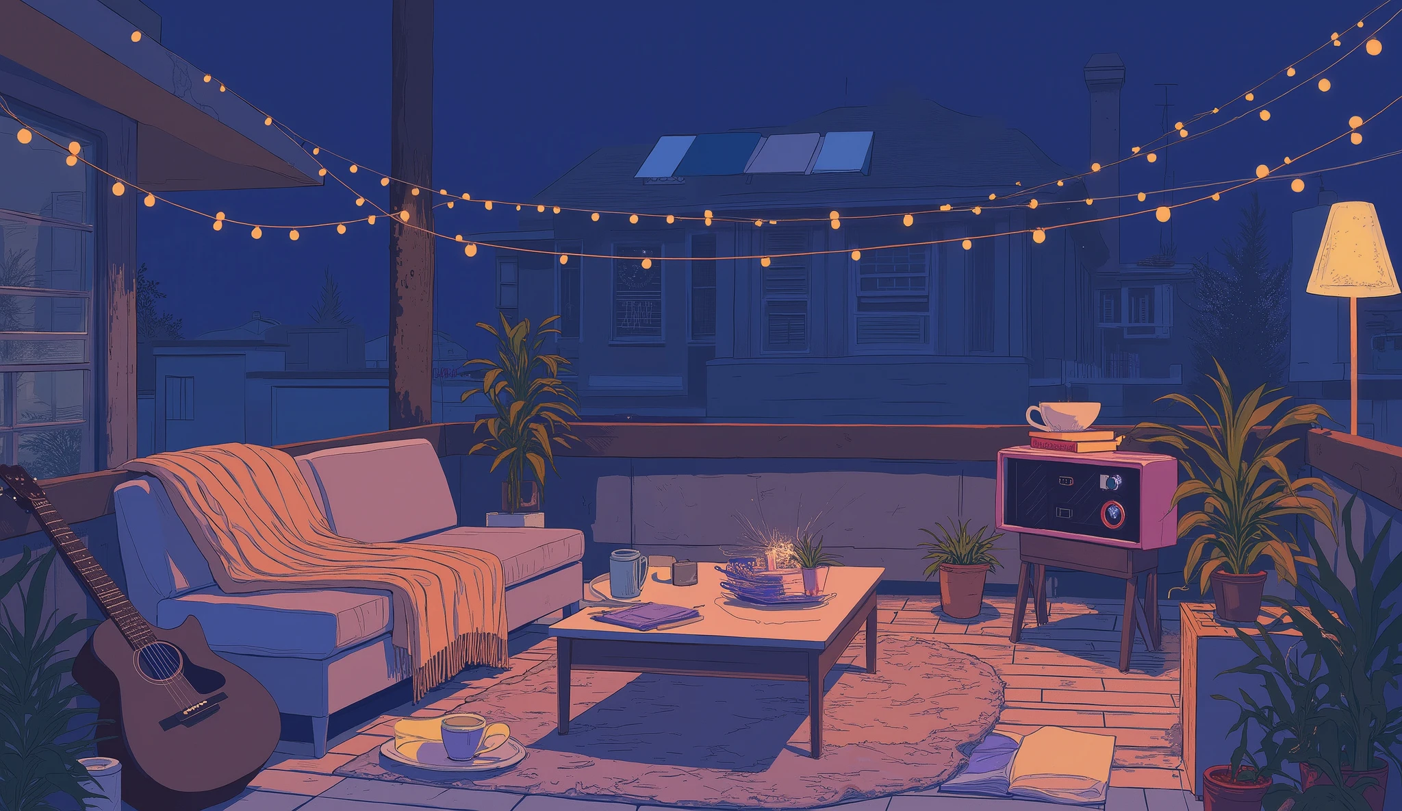 Rooftop at night、nighttime scene、outside of house、with no people、Calm and meditative atmosphere、houseplant、Lo-fi atmosphere、String Light、Cozy sofa、Pink radio with retro design、Hot coffee on the coffee table、Warm blanket、Scattered books、There is an acoustic guitar、