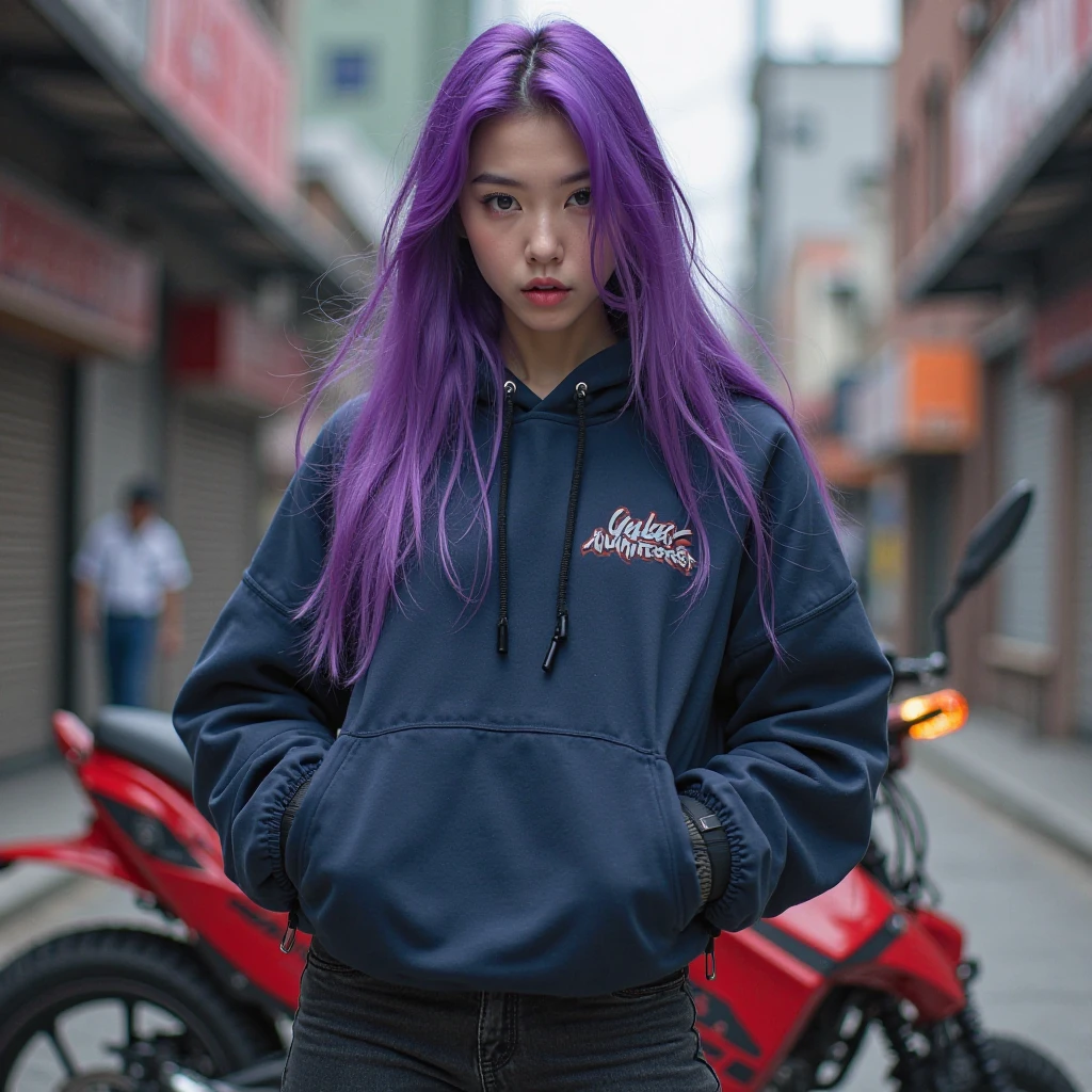 (artwork, best quality) a girl with long blue hair, blue eyes, blue eyelashes, tattoo, big breasts, white sweatshirt with hat, upset, on a street in Russia, snowing, at night