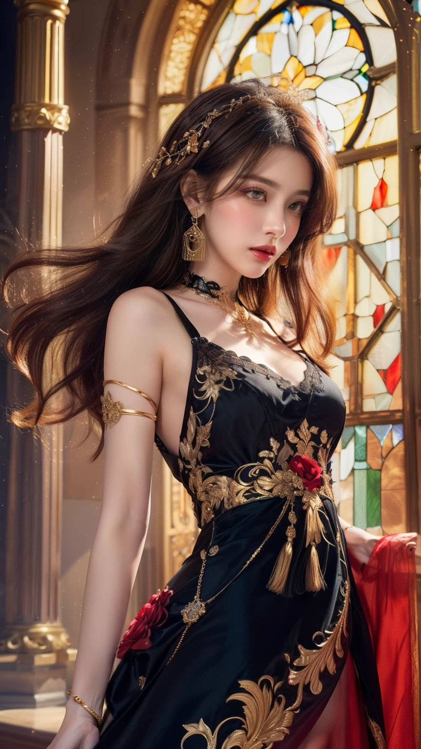 A stunning young woman with long, flowing deep purple hair, adorned with red roses and intricate golden hair ornaments. She has mesmerizing purple eyes, looking directly at the camera with a serene yet confident expression. Her delicate facial features are perfectly realistic, with smooth, porcelain-like skin, subtle blush, and well-defined eyelashes. She wears an elaborate black and red gown, lavishly decorated with golden embroidery, floral motifs, and gemstone embellishments. The fabric has a luxurious, silky sheen, with detailed lace trim and a flowing, layered skirt that drapes elegantly. Her right hand gently grasps the hem of her dress, while her left arm is gracefully extended, adorned with golden armlets and bracelets. She wears a black lace choker with a red gemstone pendant, matching her ornate golden earrings with tassels. The setting is a grand cathedral with tall, arched stained-glass windows casting warm, golden light that illuminates dust motes in the air. ((8k, ultra-realistic, hyper-detailed, photorealistic:1.3)), (masterpiece, perfect anatomy, delicate lighting), (realistic fabric texture, natural skin tones, lifelike hair strands), (sharp focus on jewelry and dress details), (warm and ethereal backlight), ((dreamlike atmosphere, royal elegance, historical fantasy setting)).