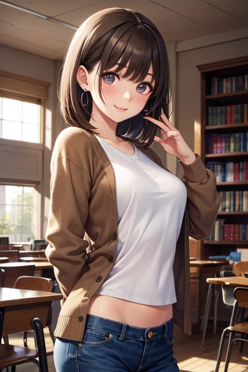 Photorealism, Highest quality, Ultra-high resolution, photograph, Exquisitely beautiful photograph, Extraordinary beauty, Shining Cheeks, Perfect body, Biologically accurate, Beautiful facial details, Glowing White Skin, Between the eyebrows, Beautiful glossy hair, Smooth Hair, Thin Hair, High resolution eyes, beautiful, Bright and transparent, big, Attractive eyes, eyeliner, double eyelid, beautiful feet, Cowboy Shot:1. 3, (1 female), 44 years old, 1 person, (blush), (Captivating smile:1.2), ((beautiful girl:1.3)), (Shiny bob hair), (Light brown hair:1. 2), (Sweatshirts), (stylish check skirt), Big Breasts, ((bookstore)), ((Stand in front of a bookshelf))