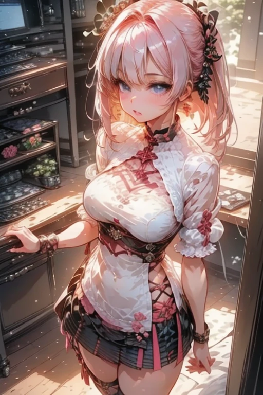 ((4k, masterpiece, top-quality)), 8k, best quality, high resolution, HD, (illustration:0.8), (beautiful detailed eyes:1.6), extremely detailed face, perfect lighting, (perfect hands, perfect ???????), super complex details, intricate details, perseusorigin, flowers, white_dress, angel_wings, white_legwear, cute, flowers, flower, pink flower, rose, anime wallpaper, hdx wallpaper, 1girl, dress, very long hair, solo, breasts, pink hair, smile, white dress, looking at viewer, cleavage, frills, frilled dress, pink eyes, bangs, wide sleeves