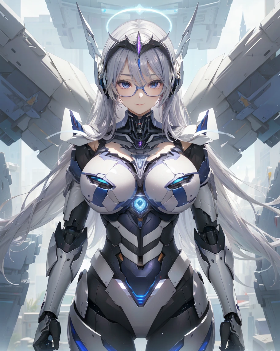 ((Extreme close up:1.6))、(((Lenses shining on both breasts:1.3)))、((Blue pillars of light radiate from both of his chests..:1.3))、break、(((Dynamic pose:1.8)))、smile、((8K)), ((32k)), ((Highest quality)), ((masterpiece)), ((超A high resolution)), ((Tmasterpiece)), ((Hello:1.4))、((Mechaニカルheadgear:1.2))、((Cyber headphones:1.3))Fine skin, High quality fabric, High-quality metal texture、((Beautiful and dense face))、RAW Photos、Professional, Ultra-fine painting, ((alone)), Beautiful breasts、Highest quality, Very detailed, Very detailed詳細, Finer details, so beautiful, ((Princess Knight Robot:1.2)), (Joint of the machine, Mechanical Limbs:1.3), (The internal structure of the machine is exposed:1.3), (Long silver hair:1.1), (Beautiful and huge mechanical breasts)、White Veil, cowboy_shot, Side Focus, headgear, Shiny、(Five Fingers, Four fingers and thumb),Concept Art, Anime fantasy artwork, Detailed fantasy art, (with pale blue-violet hair and large white wings,,,,,,,,), (((Long silver hair))), (Mecha:1.6)、Sleek and intimidating design, ((Commander-in-Chief'arm)), (Perfect robot body)、純白と青紫のarmまたは, Symmetrical wings, 8K High Resolution, Detailed Art, 3D rendering of character art in 8K, neat legs, Defined, Defined fingers,((headshot:1.3))