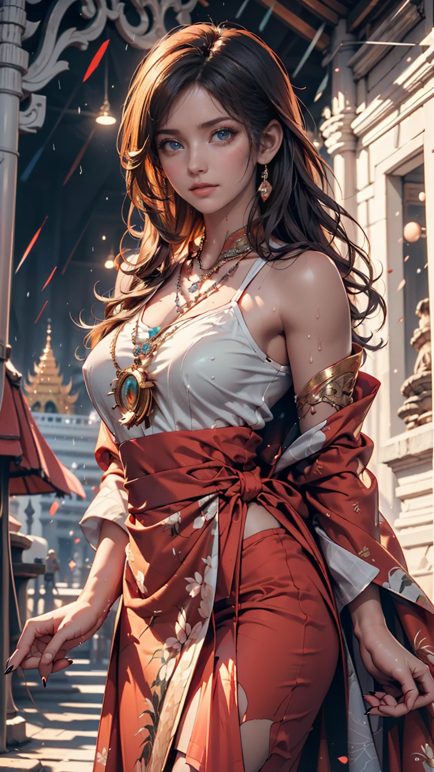 A 23-year-old white woman with unparalleled beauty、blue eyes、Dark Blonde、Hair is wavy、long hair、The ends of the hair are curled upwards、She wears a red belly dance costume with lots of decorations.、smile、Wearing a choker made of black lace、Completely naked、Slender, muscular body with big breasts and well-proportioned muscle mass、Six-pack、dancing lively、A blizzard of flowers is occurring、art deco background、barefoot、Wear an anklet