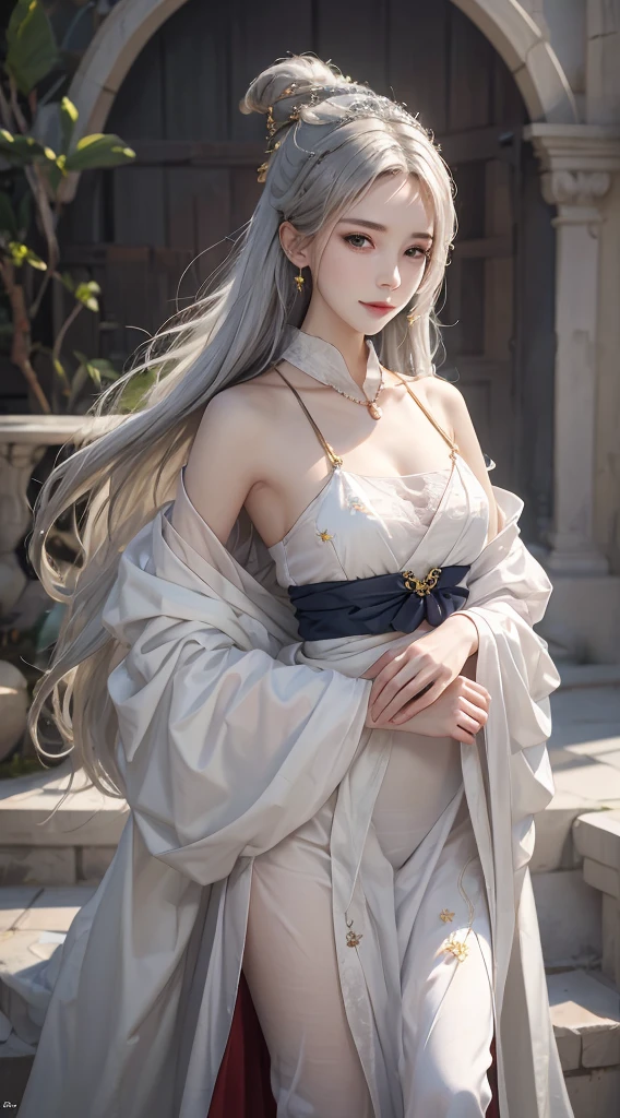 photorealistic, high resolution, 1women, solo, hips up, look at viewer, (detailed face), white hair, long hair, Taoist robe,oversized clothes, jewelry, midjourney portrait