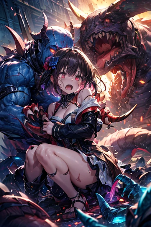 ( Monsters bodylock a girl,A monster is crushing a girl,A monster is stabbing a girl with its claws  :1.9) ,(   masterpiece,    top quality: 1.2)     absolute domain , Full Shot、( very detailed face ,   more info  )  , [   clothes lift ,so beautiful 、   beautiful skin,、(    nothing )、(8k)、(   delicious and meticulous eyes  ) 、     Anime Girl  ,  (The girl has colorful weapons :1.4)、bright colors,    ( girl wears torn clothes、  Bleeding Wounded Legs  、  Stains on clothes 1.1),  Jump or acrobatic or lecdance 、 and、 Perverts for Wives   、  A monster attacks a girl 、 
(  sad,  Scared  、 Trouble、 only one eye seems to be in pain、despair,scream,  is embarrassing,     if it's brown :1.3)、
Shoot from the side,    Explosions Near Girls 、 The girl was electrocuted  、 slender figure、  Colorful Accessories 、     The girl has a look of fear ,  colorful ruffle miniskirt in contact with ,big sleeves or off the shoulder,  Laser light hits girl 