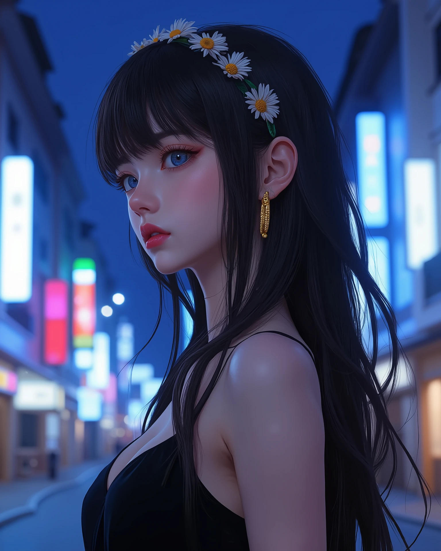 Anime girl (ethnicity:1.0), (age:1.5), (detailed clothing:1.2), (accessories:1.2), (detailed skin texture:1.2), (facial features:1.3), (expression:1.2), (body type:1.2), (pose:1.2) in a black dress, profile view, looking to the right, standing in a city street at night, (hair:1.2), long dark hair, (flower headband:1.2) adorned with small flower, (earrings:1.2), golden earrings, in the middle-right of the image, city buildings with neon lighting in the background, vibrant blue neon signs illuminating the scene, low key lighting, (night city street:1.3), photorealistic digital art, anime style, high detail, sharp focus, (detailed lighting:1.2), cool color palette.