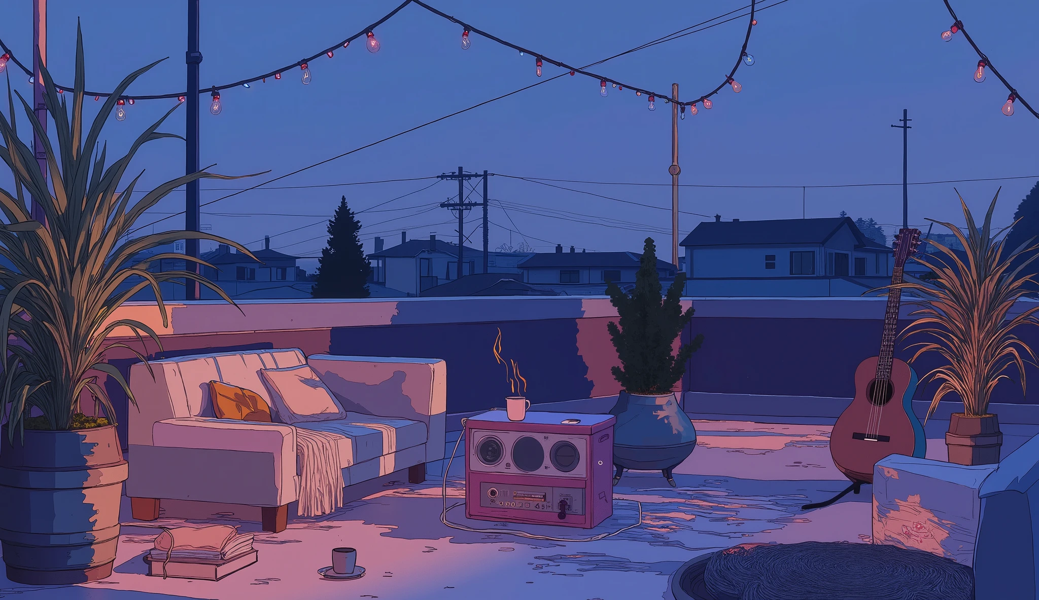 Rooftop at night、nighttime scene、outside of house、with no people、Calm and meditative atmosphere、houseplant、Lo-fi atmosphere、String Light、Cozy sofa、Pink radio with retro design、Hot coffee on the coffee table、Warm blanket、Scattered books、There is an acoustic guitar、