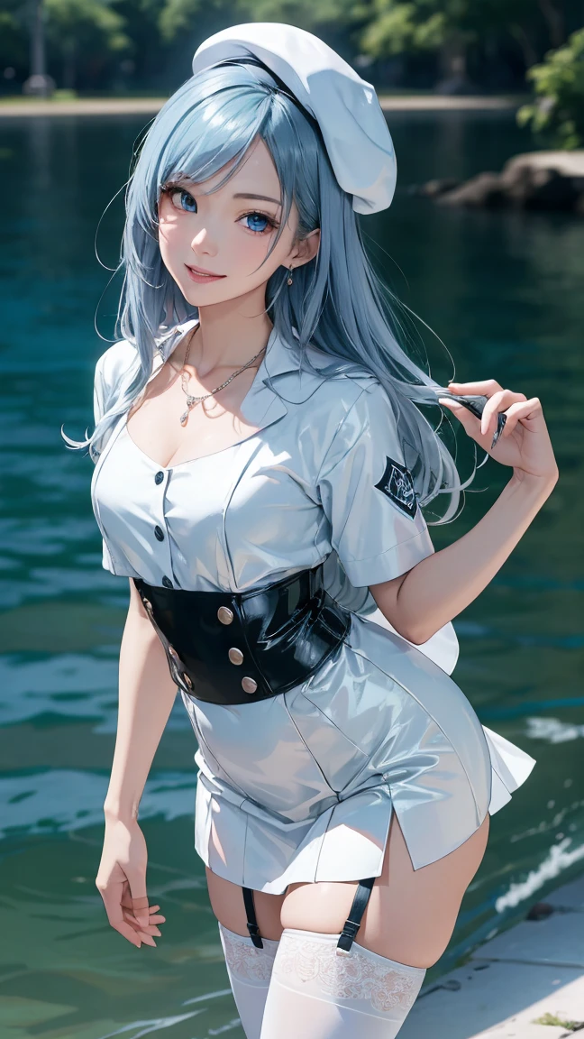 Anime comic style,High-quality characters,4k,1个Giant Breast Girl,exquisite facial features,Red eyes,White skin,Skinny body type,Thin legs,All-round light,Positive perspective,Small chest,Silvery hair,Long hair with gradient color,Double ponytail hairstyle,Dragon whisker bangs,Delicate hair accessories,Clear short-sleeved shirt,Bow tie,Black and white high-rise plaid skirt,White belt,white stockings,Lie flat on quiet water,Clear water,Clothes are slightly damp,smiling expression,Cover your chest with your right hand。