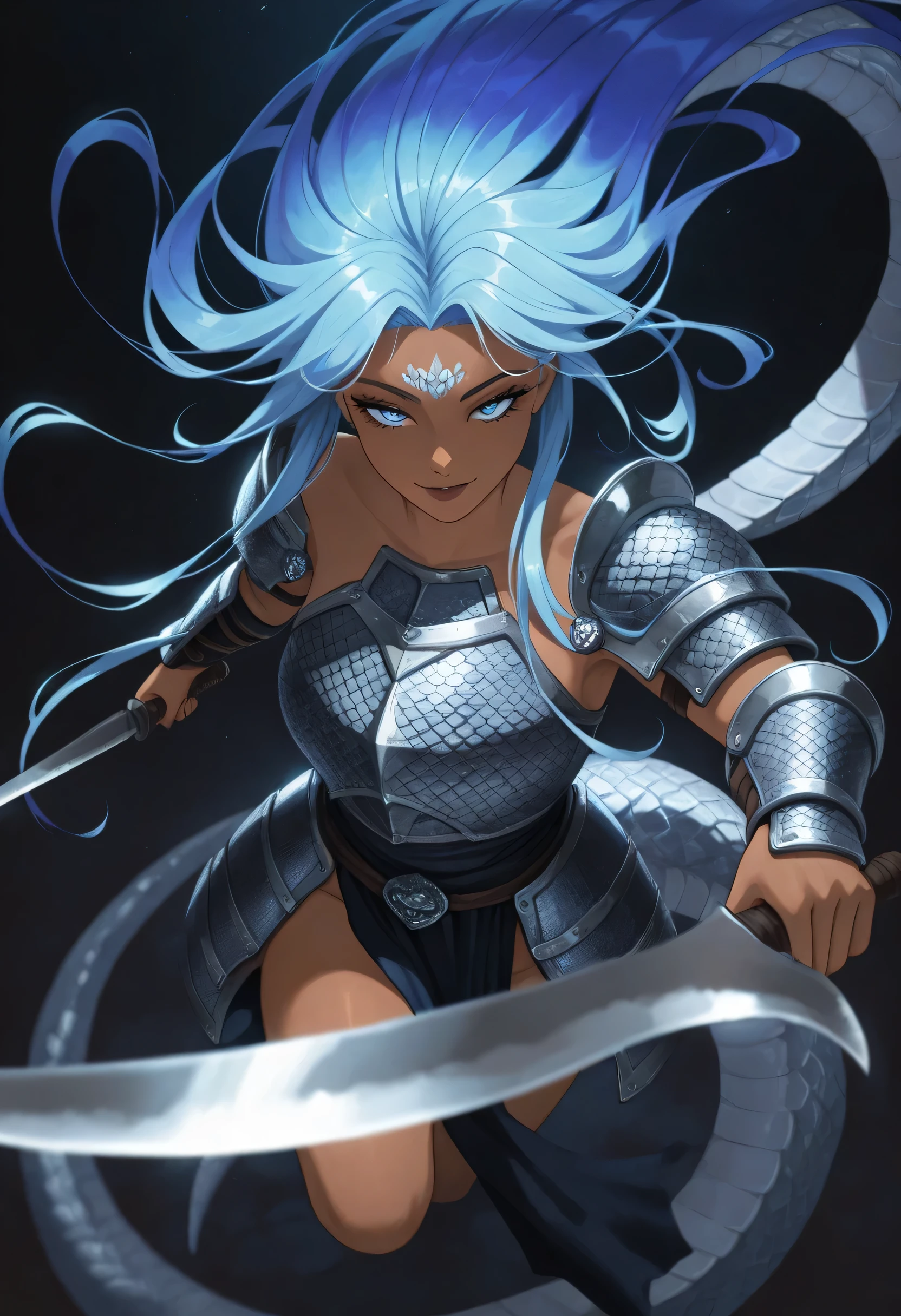 celestirhan,masterpiece, best quality, good quality, very aesthetic, absurdres, newest, 8K, depth of field, focused subject, in the style of cknc, artist:moriimee, in the style of cksc, BREAK
asian young demon woman, dark skin, bangs, long flowing bright blue bioluminescent hair, dragonscale armour, holding scimitar, dynamic pose, , , posing, dark background, silhouetted, directional lighting, viewed from above