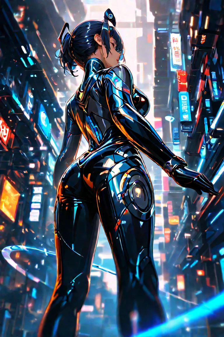 Masterpiece, best quality, 8k, octane render, A girl standing on building top, big boobs, natural boobs, saggy boobs, body details, shiny body, perfect figure, supermodel body, hero view,( full body:1.3) latex suit,outfit-gantz, latex breast curtains, black panties,Kim Mi-Jung