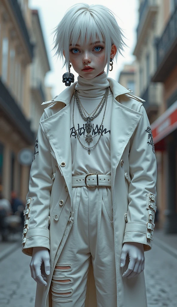 1rapper with tattoos, white techwear jacket, dreads hair, abstract forms on background