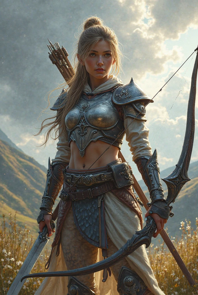 A Viking warrior woman with two axes in her hands running through the mountains