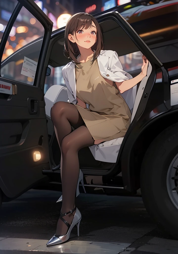 ((Highest quality)), ((masterpiece)), (detailed), A photo of the car from the outside、A woman is sitting in the car、The car door is open、take a photo of a sexy woman from outside a car、