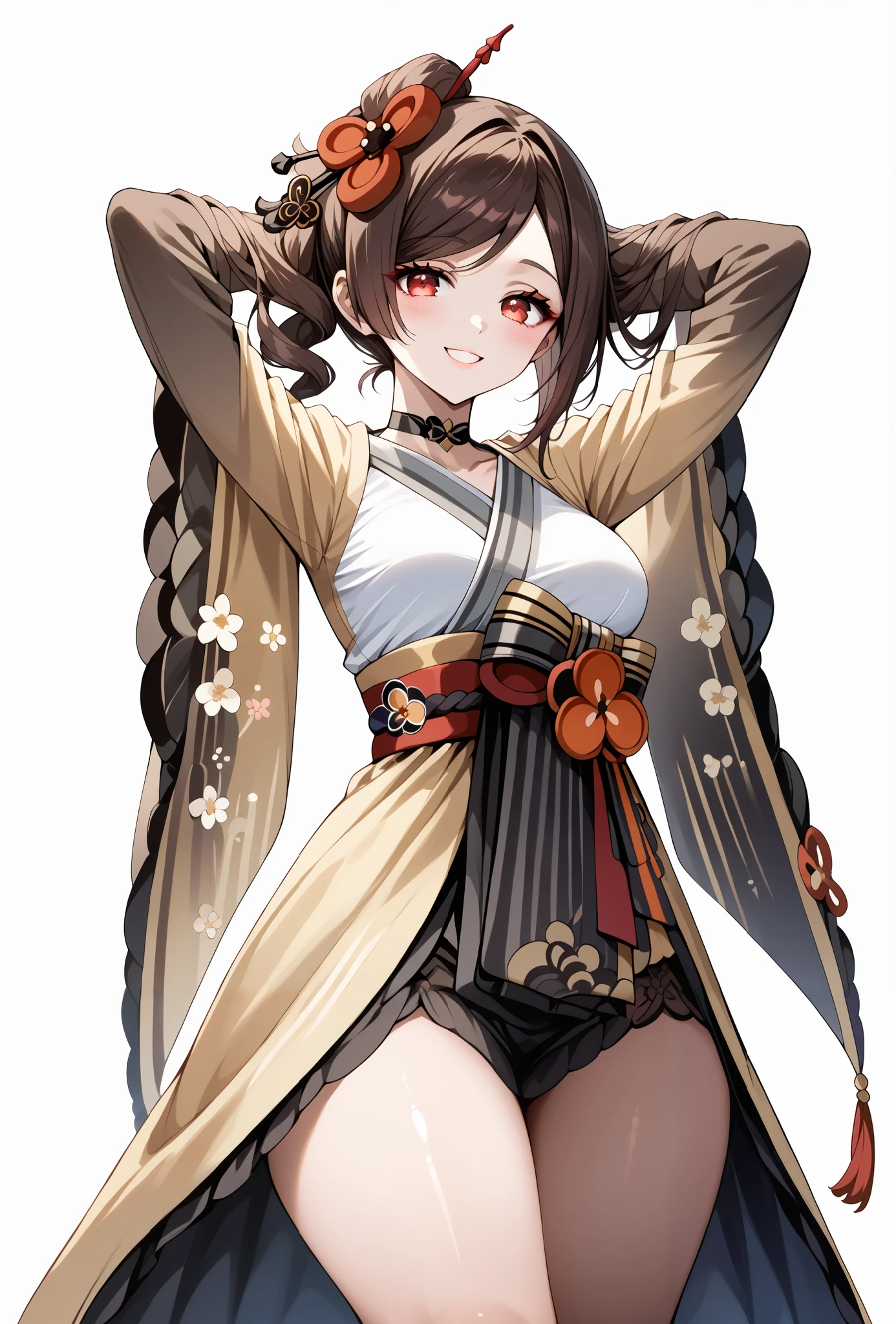 score_9, score_8_up, score_7_up, source_anime, 4K,perfect fingers,(perfect hands, perfect anatomy),prefect lighting, very aesthetic, intricate details,highly detailed background, masterpiece, high quality, best quality,
1girl,Solo,genshinchiori, chiori, brown hair, hair ornament, red eyes, flower, hair flower, large breast,
wearing ((choker,)),,
((White plain background:1.5)) , looking at viewer, smile,((hands behind head:1.5)), (perfect hands, perfect anatomy),cowboy shot, filed, high thigh individual , fullbody,Stand up,((front look:1.5)),