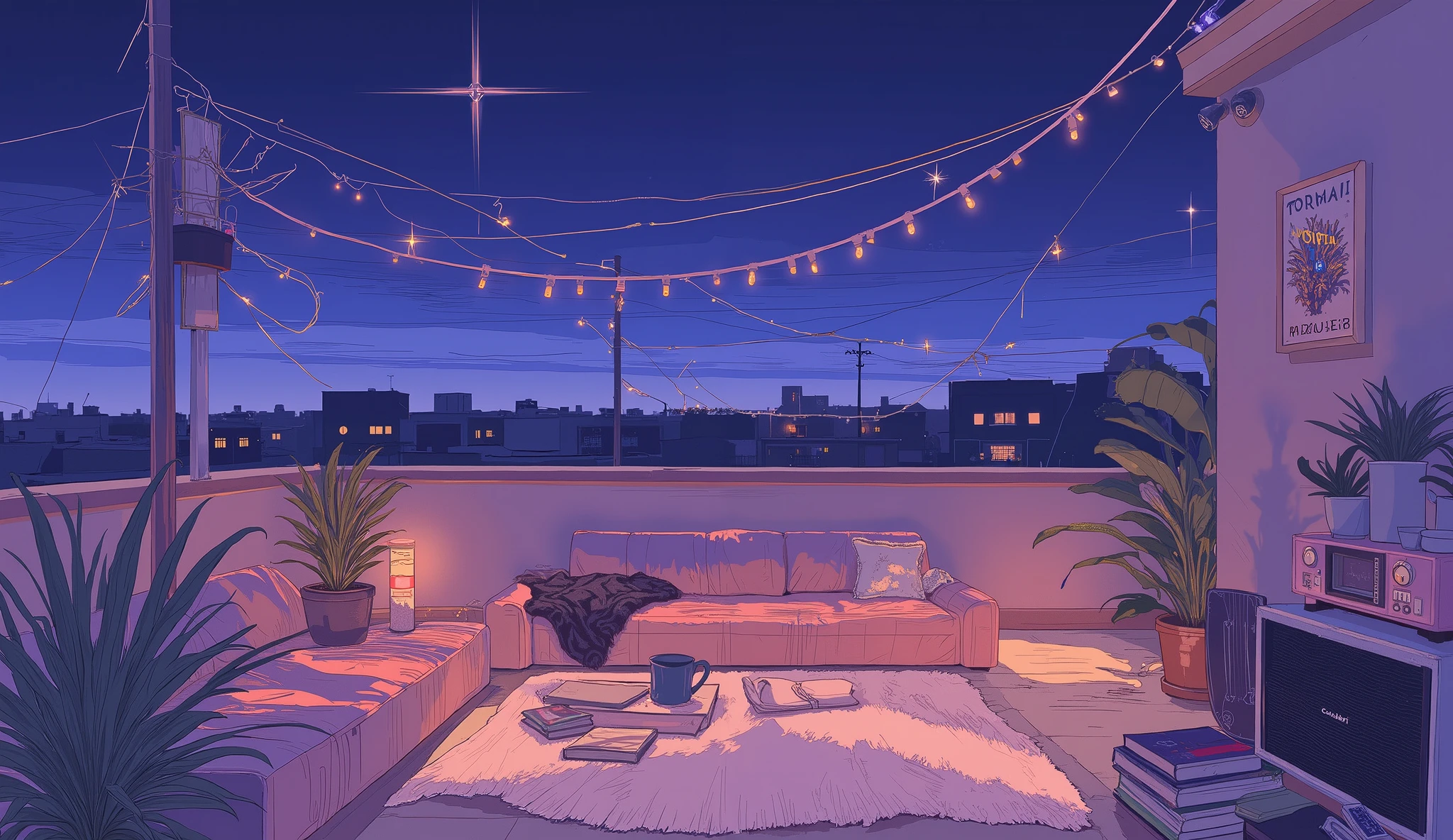 Rooftop at night、nighttime scene、outside of house、with no people、Calm and meditative atmosphere、houseplant、Lo-fi atmosphere、String Light、Cozy sofa、Pink radio with retro design、Hot coffee on the coffee table、Warm blanket、Scattered books、There is an acoustic guitar、