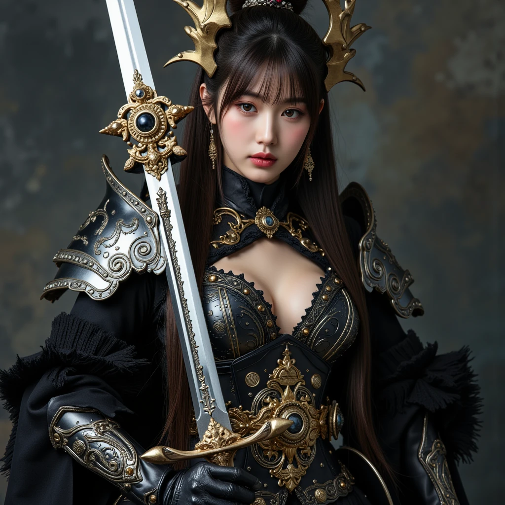 (Fight fiercely with dragons)、top-quality、masterpiece、超A high resolution、(White Dragon Armor)、dragon armor、(Wearing a beautiful crown made of jewels),(Photorealsitic:1.4)、Raw photo、女の子1人、Golden hair、glowy skin、(((With the legendary sword)))、(Gorgeous Jewelry Necklaces)、(Mystical expression)、(Fight big dragons)、With a beautiful knife、(White Metal Bodysuit)、(beautiful forest background)、Precipitous cliffs、(Small LED)、((super realistic details))、portlate、globalillumination、Shadow、octan render、(One-Eyed Scouter)、8K、ultrasharp、Colossal tits、Raw skin is exposed in cleavage、metals、Details of complex ornaments、Japan details、highly intricate detail、Realistic light、CGSoation Trends、Red Eyes、radiant eyes、Facing the camera、neon details、(Mechanical limbs)、(blood vessels connected to tubes)、Mechanical vertebrae attached to the back、mechanical cervical attaching to neck、(Wires and cables connecting to the head)、Gundam、Small LED、,Mechanical thighs、Toostock、(Hands are also made of machines)、(veils)、