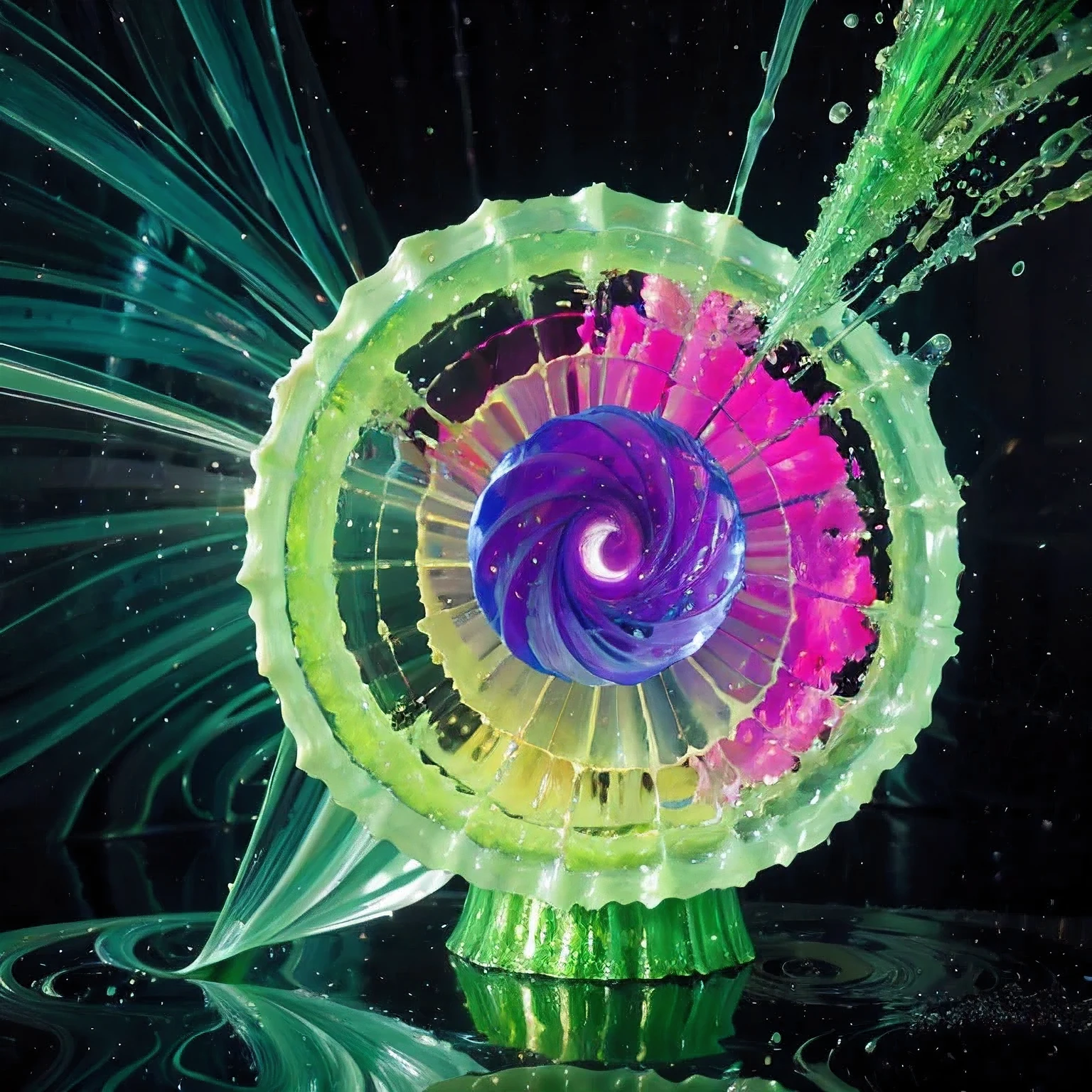 Seabed ice sheet background,detailed armor, ornate headdress, samurai helmet(((Dynamic rotating concentric circles)))(Dynamic rotation of concentric circles)Mandala is the result of the long journey of creating concentric circles of liquid color, there is a glass bowl with a green and purple swirl inside, simulacrum of a space fungus, alien flower, distant nebula are glowing algae, inspired by Otto Piene, inspired by Earnst Haeckel, top down extraterrestial view, covered with ferrofluid. dslr, translucent algae ornate, the eye of the universe, anatomical fractal,which interact through transparency, refraction, reflection, and collision. The ultimate goal is to showcase unique, detailed, and aesthetically pleasing images that capture the audience's attention through their initial visual impact and stunning details in liquid interactions,there is a cake with a red and yellow center on a blue plate, inspired by Otto Piene, victor antonov, culinary art photography, inspired by Graham Sutherland, colorful ferrofluid armor, inspired by Anish Kapoor, alexandra fomina, david kassan, by Jan Rustem, rudolf is hired, sergey krasovskiy, kai vermehr