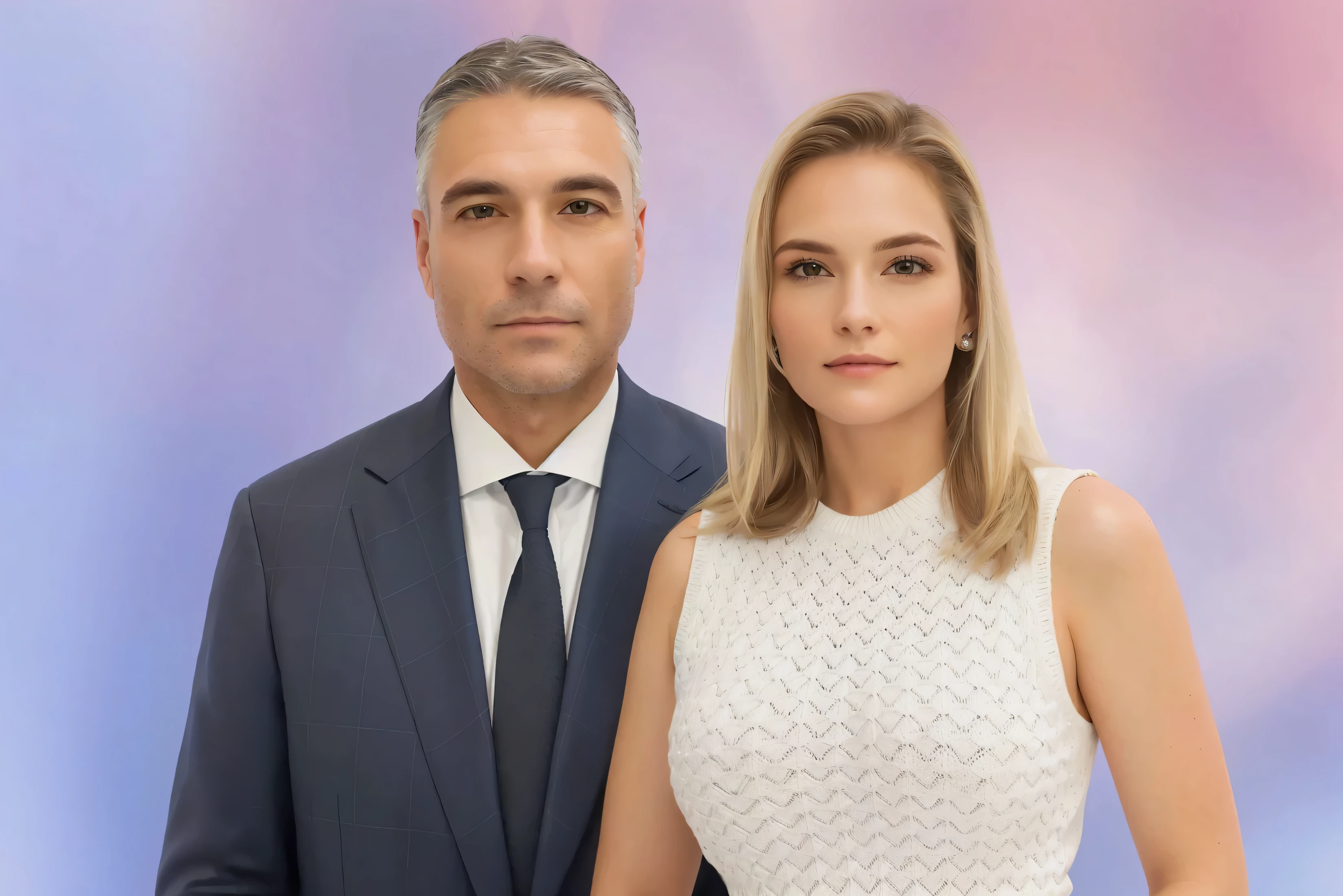 Man and woman standing full-length against silicon valley background looking at camera, dressed in light business style clothing: white man with ((dark short hair)) and short beard; and white woman with ((straight blonde hair)) ((shoulder length)) wearing tight skirt, clear facial features, 8k, realistic.