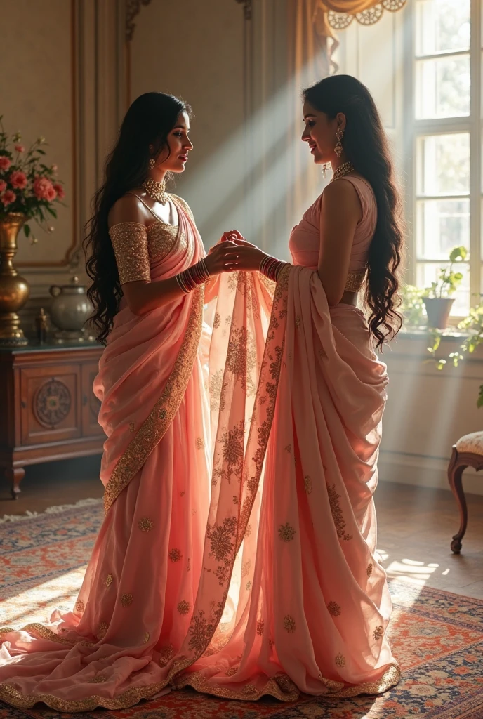 South Indian women, in bed room, wearing rose colour chiffon transparent nighty 