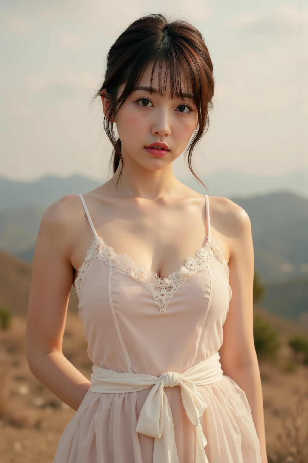 A very cute girl in a sexy white dress in the grassland,Thin lace dress,A dress with intricate details,Standing whole body,Esbian all over,Perfect proportions,Perfect Body,Sensual pose with arched back and hips,Raise your arms and show your armpitasterpiece,Photorealistic,Super detailed,Ultra-high resolution,8k,RAW Photos,Highest quality,Large Breasts,Small waist,(Long legs),Cleavage,Detailed eyes,double eyelid,Long eyelashes,View your viewers,超 A hight resolution ,dynamic,short hair,Short Bob Hair,unkempt disheveled hair,Hair blowing in the wind,Earrings,Natural Lip
