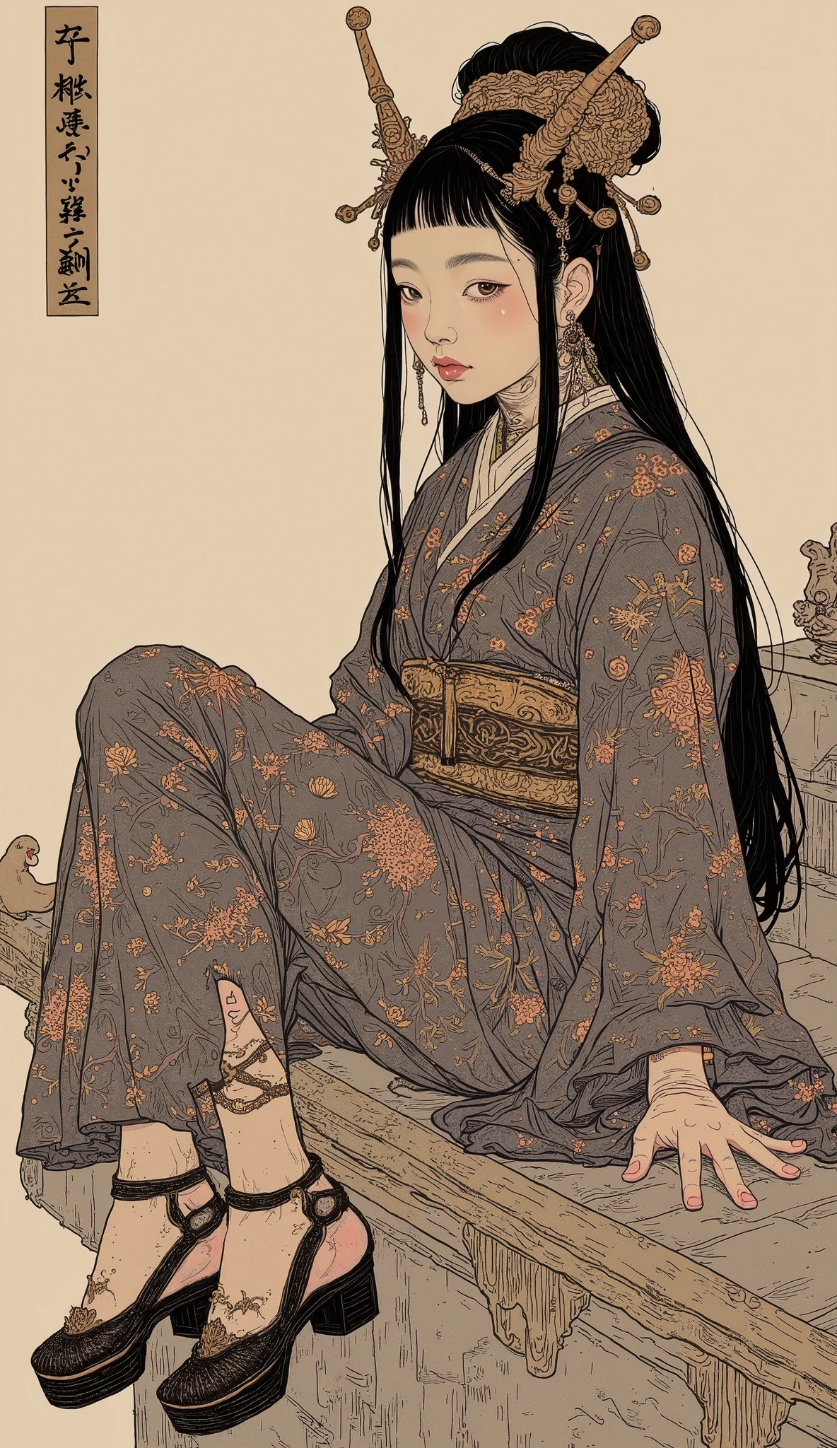 Arafed woman in a kimono sitting on a ledge with a cat - SeaArt AI