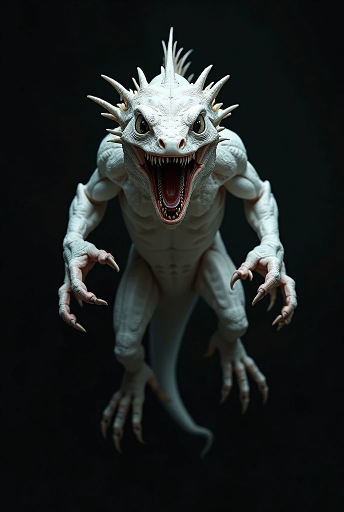Whait lizard show thear face with black background and looks dangerous