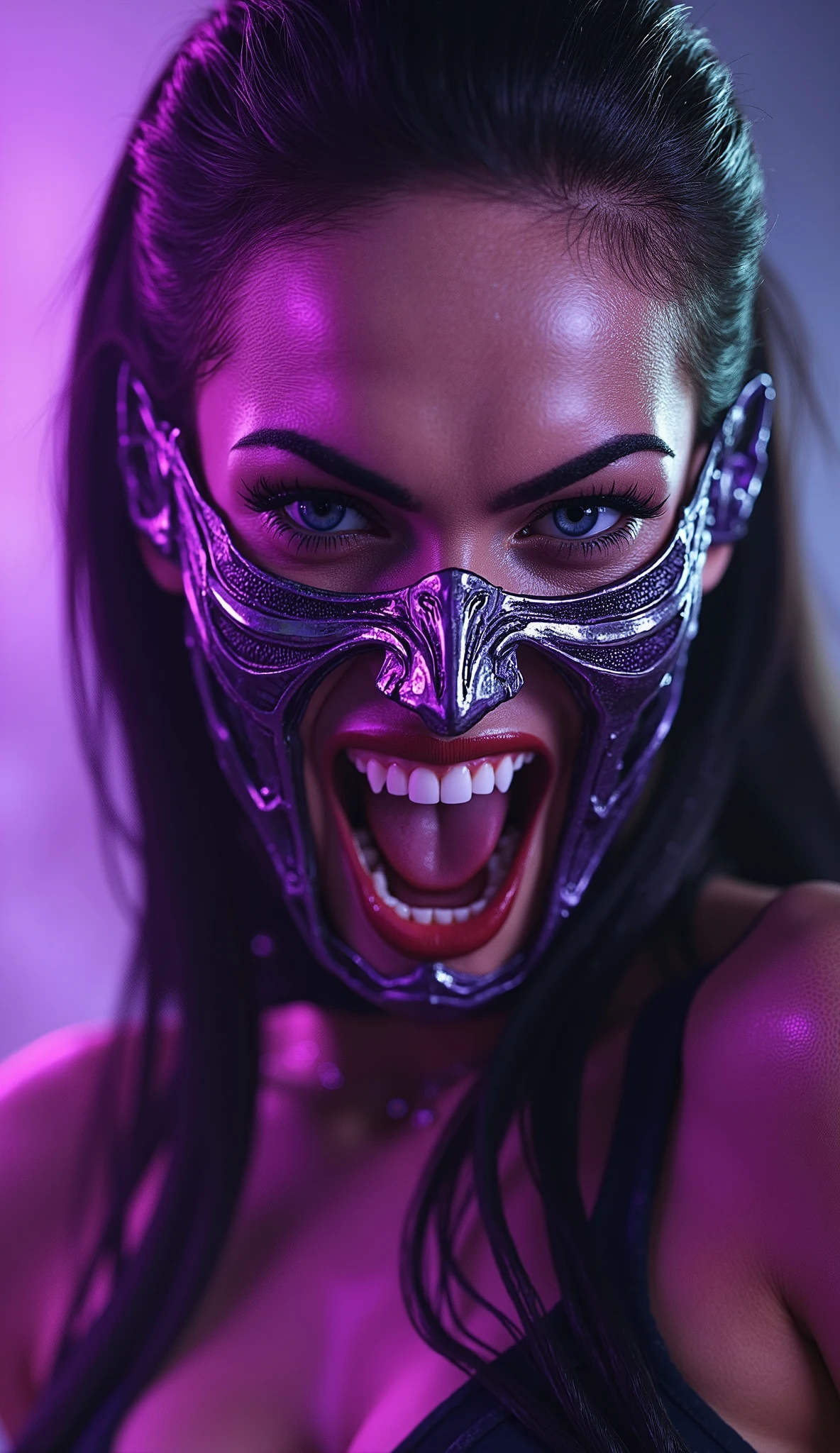 Here's a detailed prompt to generate a super realistic image of Megan Fox as Mileena, with a purple mask and metallic black details shiny, focused on the upper body:
"hyper-realistic Close-up of Megan Fox as Mileena, the hybrid warrior of * mortal kombat*. She is in a wild and threatening pose, with an intense and fierce expression, revealing her characteristic sharp teeth. Mileena wears her iconic purple and black metallic costume, with details sparkles that reflect light in an impressive way. Her purple mask, that covers part of the face , is highly detailed , with shiny metallic black patterns and realistic reflections. The focus is on the face and upper body, highlighting the skin texture , the metallic reflections of the mask and the details of the costume. The lighting is dramatic , with purple and black tones, and strong contrasts between light and shadow, creating a cinematic effect . The background is a realistic and dark setting, with purple lights, thick smoke and elements of an underground environment, adding an intense and immersive atmosphere."
This prompt should guarantee an incredibly realistic and detailed image, focused on the upper body da Megan Fox como Mileena, with a purple mask and metallic black details shiny, against a striking background!