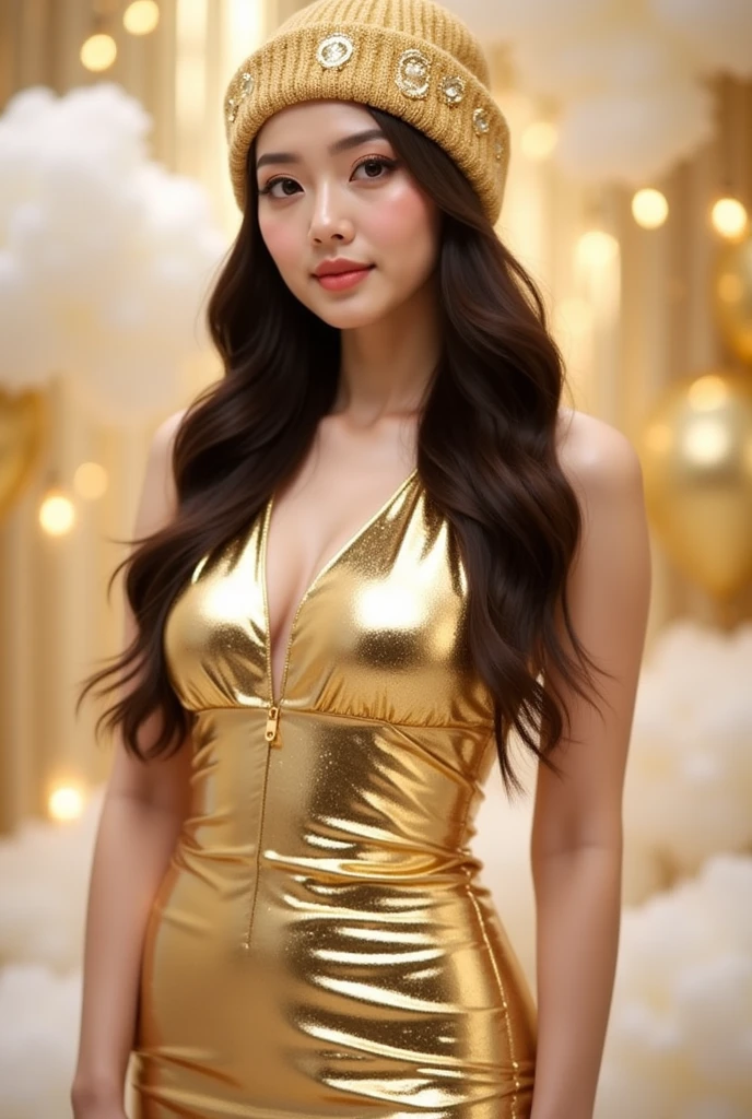 a woman in a beautiful gold metallic long dress sparkles elegantly. The dress features a bib neckline and a snug fit, accentuates her figure. She wears one gold beanie hat with intricate details, accentuates her regal look. Long hair , her buoyant figure drops to her shoulders, and her makeup enhances her natural beauty with soothing tones. The background features fluffy gold and white elements, which adds a dreamy and elegant effect to the setting.