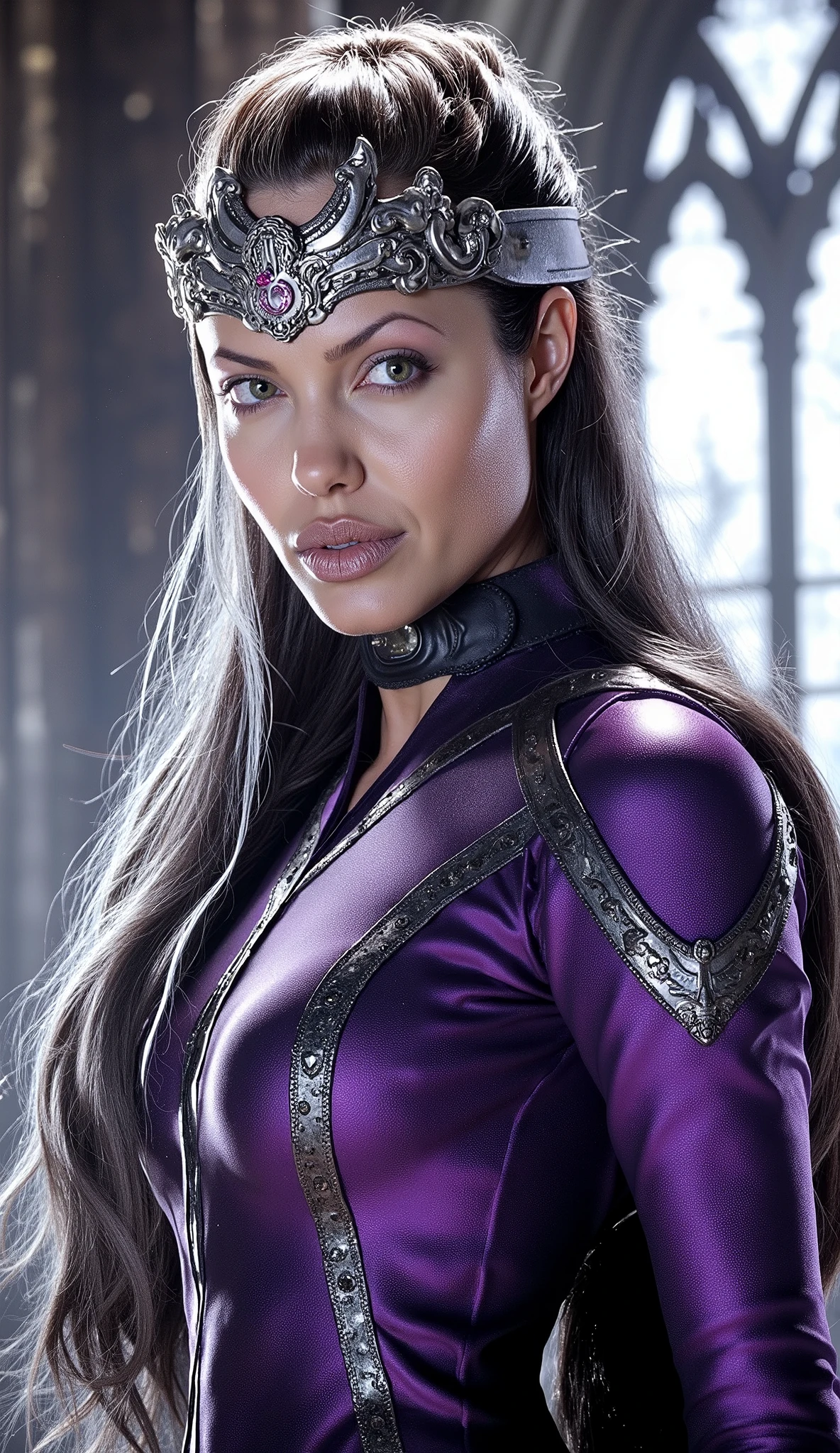 Here's a detailed prompt to generate a super realistic image of Angelina Jolie as Sindel, with her bright purple outfit e metálica, silver hair and a metallic purple crown:

"Angelina Jolie's hyper-realistic close-up how Sindel, The queen of * mortal kombat*. She is in a majestic and powerful pose, with a haughty and dominant expression. Sindel wears her iconic bright purple and metallic outfit, with realistic details that reflect light in an impressive way. Her long silver hair flows dramatically, with soft textures and natural shine. like this in your head, she wears a metallic purple crown,  highly detailed , with intricate gems and patterns that complement her real look. The focus is on the face and upper body,  highlighting the skin texture , the metallic reflections of the clothes and the crown, and the intensity of her eyes.  The lighting is dramatic ,  with strong contrasts between light and shadow ,  creating a cinematic effect . The background is a realistic and epic setting, with cold lights, soft smoke and elements of a destroyed Gothic palace, like broken stained glass windows and curtains flowing, adding an intense and immersive atmosphere."

This prompt should guarantee an incredibly realistic and detailed image, focused on Angelina Jolie's upper body as Sindel, with her bright purple outfit, silver hair and a metallic crown, against a striking background!