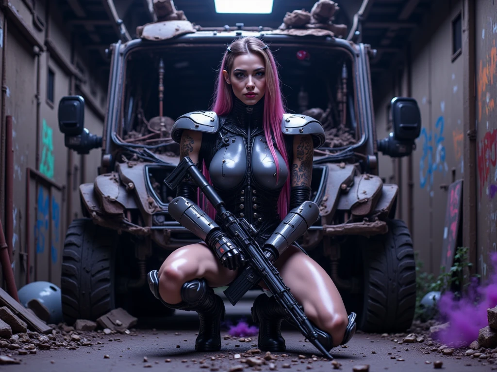 Looks like Emmy Rossum, hot babe, spicy, exposed upper part of breast, erotic futuristic costume, Beautiful hyperrealistic photograph of beautiful Young Swedish woman with Runic tattoos, (((wearing full heavy mecha armor, combat harness, Neon highlights))) Short Red Dreadlocks, (((sitting on a Futuristic Tank pose))), (exterior of Military Facility in the background), Camo netting, Ammo Boxes, Fires, Smoke, debris, Camo netting, Ammo Boxes, Rain, Stormy, Wet, abstract beauty abstract beauty, near perfection, pure form, Golden Ratio, concept art, intricate detail, 8k post-production, High resolution, super Detail, trending on ArtStation, sharp focus, studio photos, intricate detail, Very detailed, By Mads Nissen, spotless skin,