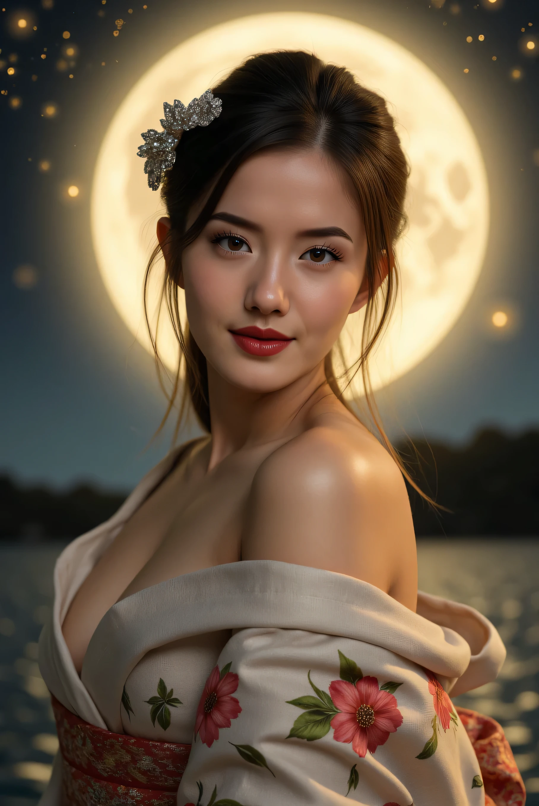 ultra-realistic, 8k, very detailed 、Image generation、 photography、 full body photo、Fine-grained eyebrow and eyelash generation、 Japanese woman、Fine skin is shiny々、 tight waist 、Thin anklesです 、realistic、Midnight Moon 、 big full moon with a full background、Moonlight、A lot of gold dust falls 、Please randomly generate colors with fine floral patterns、 sexy、The color of the kimono with a fine floral pattern is random、band is a random color and a silver gradation color、 hairpin with a diamond、 hairstyle is upstyled、 smiling face with visible teeth、 plump and soft breasts 、realistic、Thin ankles、彼女は smiling face with visible teethです、The alignment of the teeth is very beautiful、 red lipstick、 no makeup other than lipstick 、Generated with the correct exponent ! No Animation Needed ! No illustration required