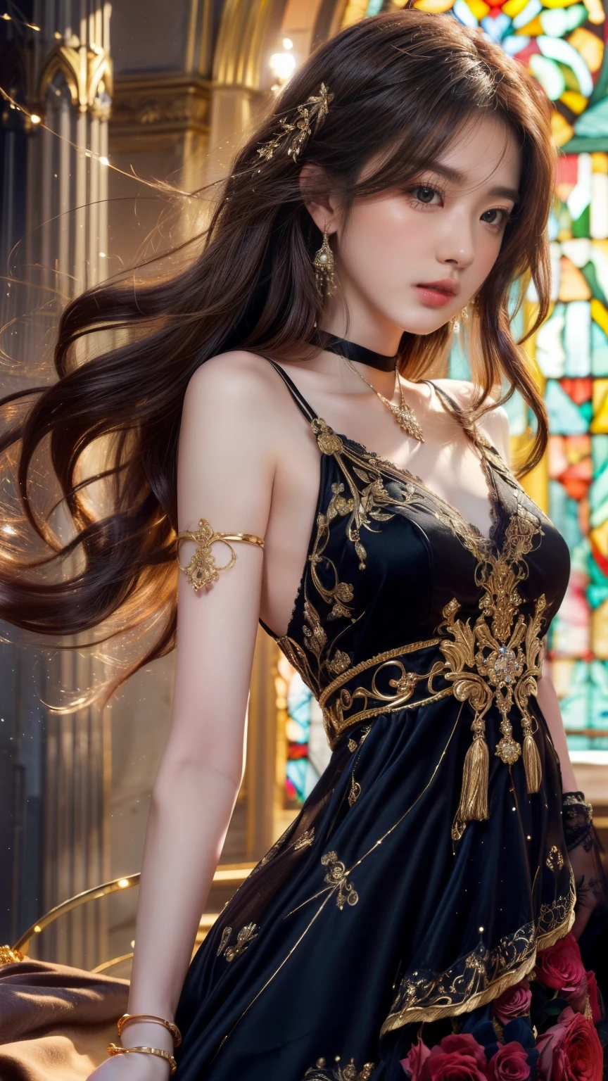 A stunning young woman with long, flowing ((deep purple hair)), adorned with red roses and golden hair ornaments. She has mesmerizing purple eyes, gazing directly into the camera with a confident yet gentle expression. Her delicate facial features are perfectly realistic, with smooth, porcelain-like skin, subtle blush, and well-defined eyelashes. She wears an intricate black and red gown, lavishly decorated with golden embroidery, floral motifs, and gemstone embellishments. The fabric of the dress is luxurious, with a silky sheen, detailed lace trim, and a flowing, layered skirt that drapes elegantly. Her right hand gently grasps the hem of her dress, while her left arm is gracefully extended, adorned with golden armlets and bracelets. She wears a black lace choker with a red gemstone pendant, complementing her ornate golden earrings with tassels. The background features a grand cathedral with tall, arched stained-glass windows casting warm, golden light, illuminating the dust particles in the air. The scene is captured in ultra-high resolution with exceptional lighting, cinematic depth of field, and breathtaking realism. ((8k, ultra-realistic, hyper-detailed, photorealistic:1.3)), (masterpiece, perfect anatomy, delicate lighting), (realistic fabric texture, natural skin tones, lifelike hair strands), (sharp focus on jewelry and dress details), (warm and ethereal backlight), ((dreamlike atmosphere, royal elegance, historical fantasy setting)), ((direct eye contact, engaging gaze, intense and captivating stare)).