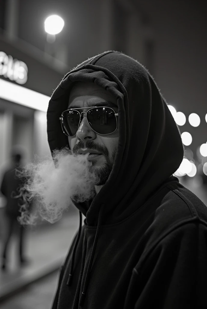 Create a picture of a man wearing sports clothes, Three-day beard and baseball cap, standing under a street lamp at night with a cigarette.