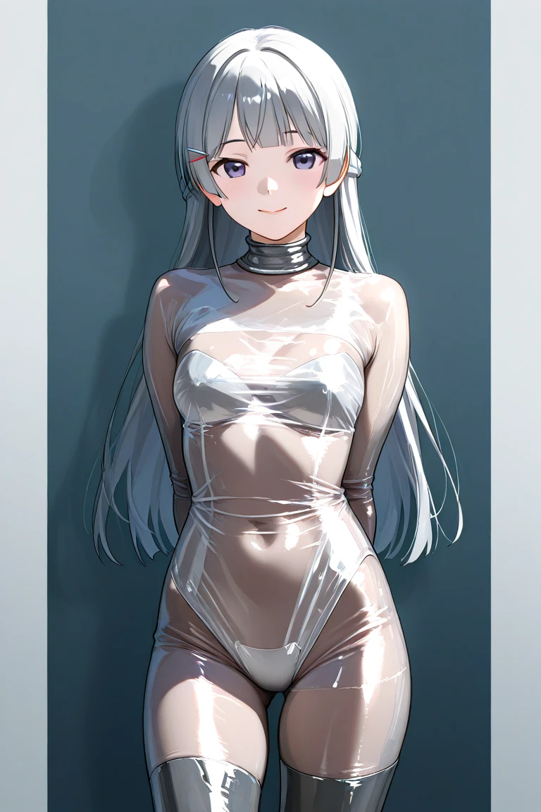 Super masterpiece,top-quality,ultra-detailliert,realisitic,Hyper-detailing,(Perfect Anatomy),1girl in,Solo,Ahoge,Slender body,((small tits)),Embarrassed blush,gleaming skin,(Transparent Polyvinylidene Chloride)